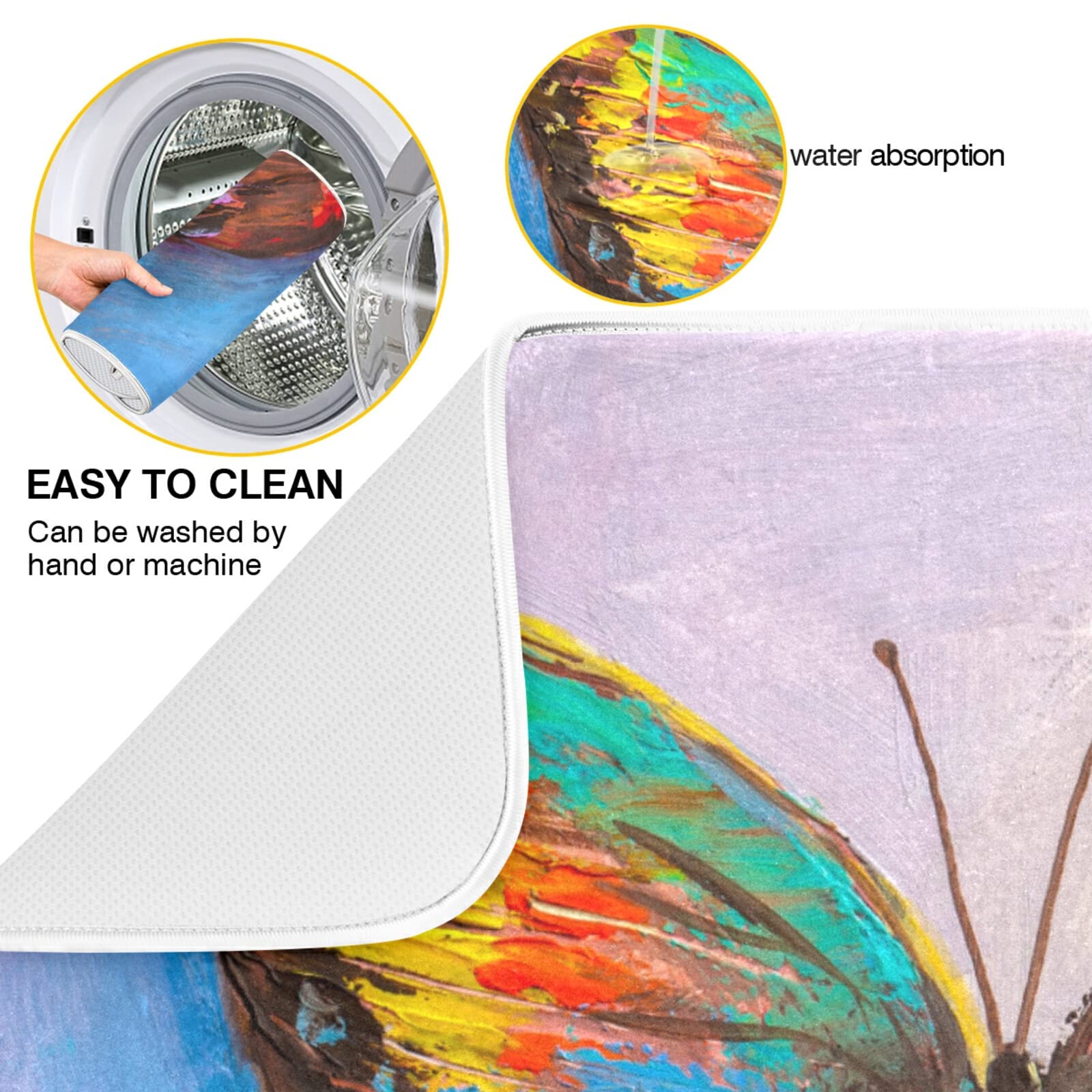 Butterfly Painting Dish Drying Mat - Absorbent Fast Dry Kitchen Countertop Pad, Non-Slip Dish Drainer Rack Mat - Perfect for Drying Dishes, Utensils & Cookware After Washing