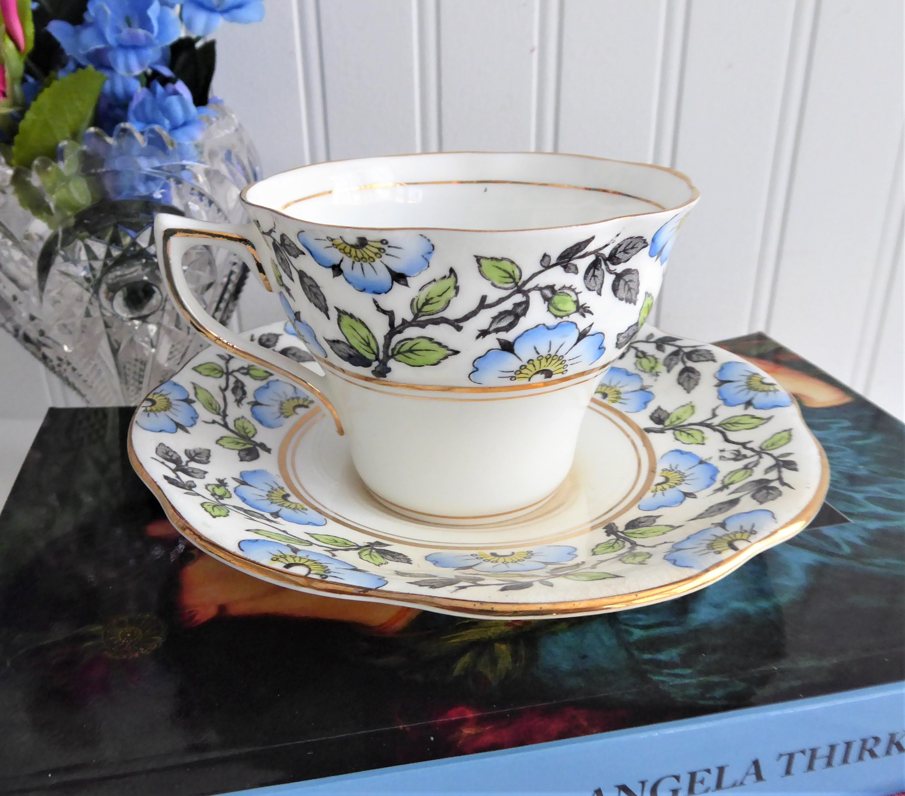 Vintage Rosina England Hand-Painted Blue Dog Roses Cup and Saucer Set - Black Transfer Art Deco Style - Perfect for Afternoon Tea, Collectible Display, and English Cottage Decor