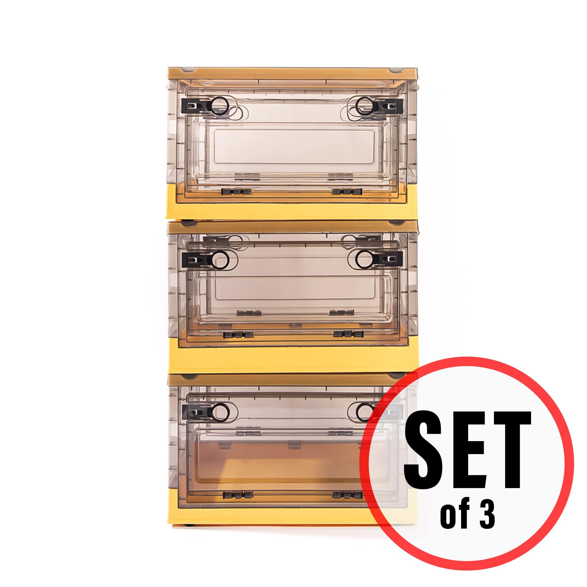 Best Home Fashion 3-Pack Collapsible Storage Bins with Side Opening & Stackable Lid - Foldable Storage Box for Home & Office Organization (Small, Yellow) - Perfect for Closet, Nursery, and Pantry Storage