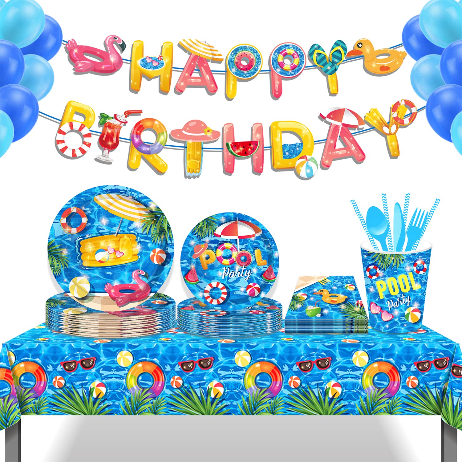 45PCS Summer Pool Party Supplies Kit - Disposable Tableware Set for 8 Guests Includes Tablecloth, Plates, Cups & Napkins - Beach Theme Party Decorations for Kids Birthday, BBQ, Picnic & Outdoor Events