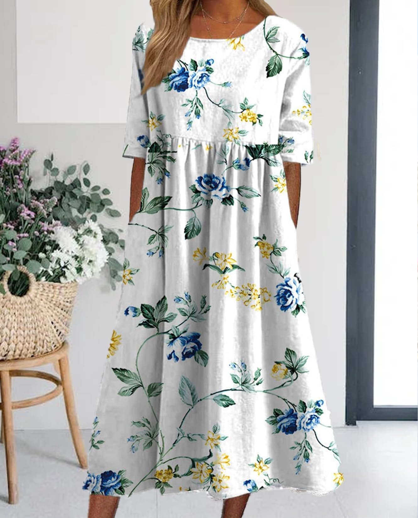 Boho Floral Print Midi Dress for Women - Short Sleeve Pleated Casual Beach Dress with Pockets | Summer 2024 Fashion | Perfect for Vacations, Date Nights & Outdoor Events