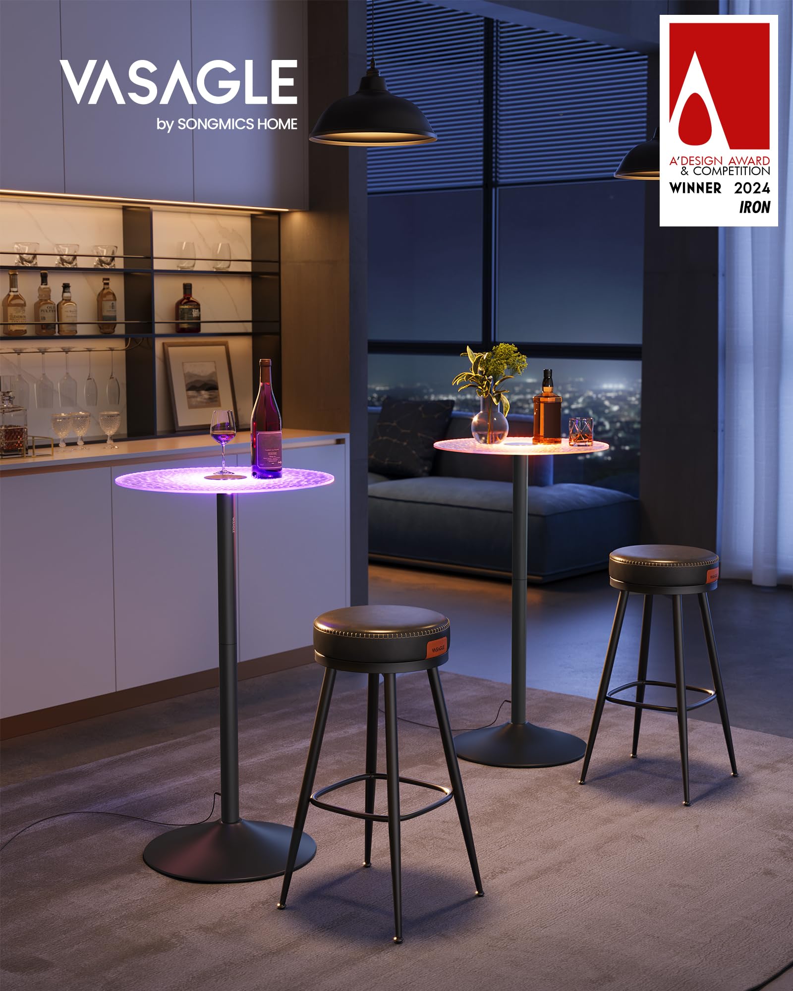 VASAGLE 2-Piece Round Bar Table Set with LED Lights, Glass Top & Sturdy Steel Base - 41.3