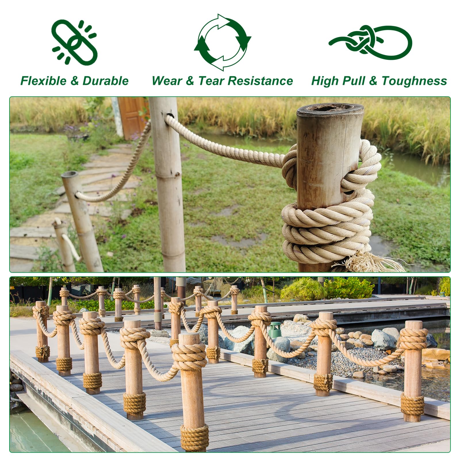 PATIKIL Natural Jute Rope 1-1/2 Inch x 100 Feet - Thick Twisted Manila Rope for Docks, Railings, Bundling, Crafts, Tug of War & Home Decor | Heavy Duty Hemp Twine for DIY Projects, Marine Use & Rustic Weddings