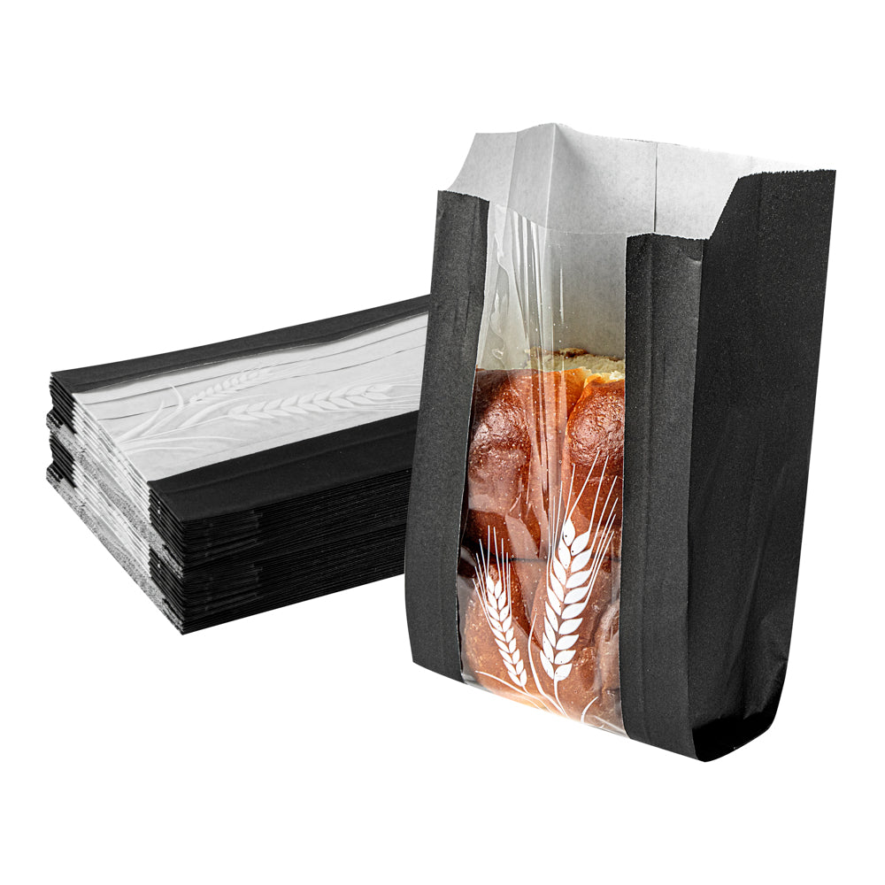 Eco-Friendly Black Paper Bread Bags - Micro Perforated, Greaseproof, Wheat Pattern (4.75