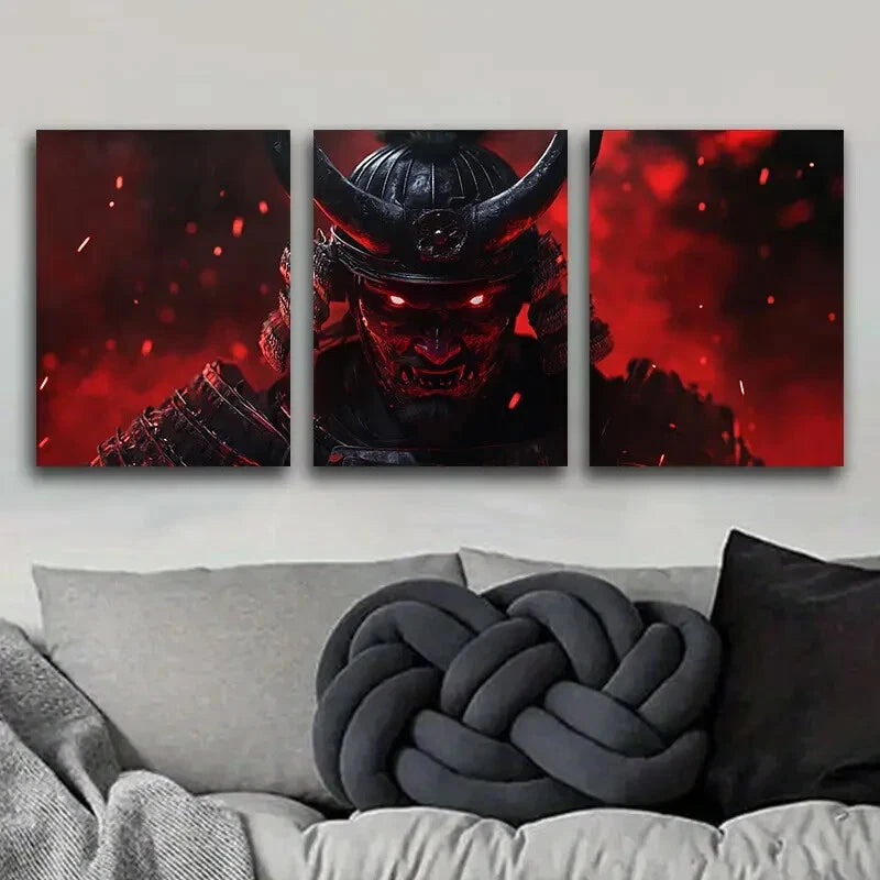 3-Piece Crimson Warrior with Black Horns Metal Wall Art - Ready to Hang Home Decor for Living Room, Bedroom & Office | Gothic Fantasy Art Print