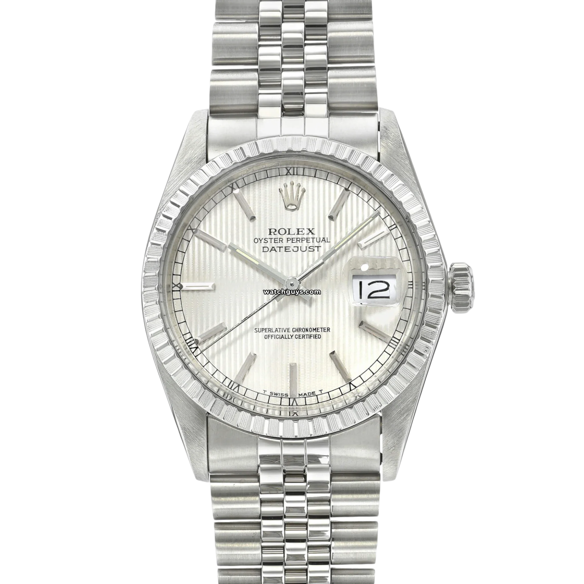Authentic Rolex Datejust 16030 Men's Watch - Silver Tapestry Dial, Stainless Steel - Luxury Timepiece for Business & Formal Occasions