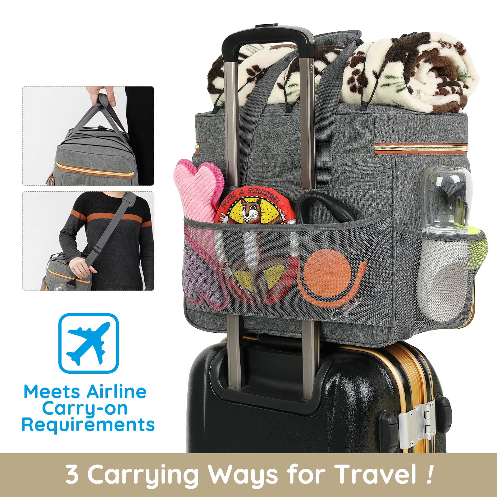 Durable Multi-Function Dog Travel Bag for Dogs & Cats - Waterproof Pet Carrier with Storage Pockets - Perfect for Overnight Trips, Vet Visits & Outdoor Adventures (Grey)