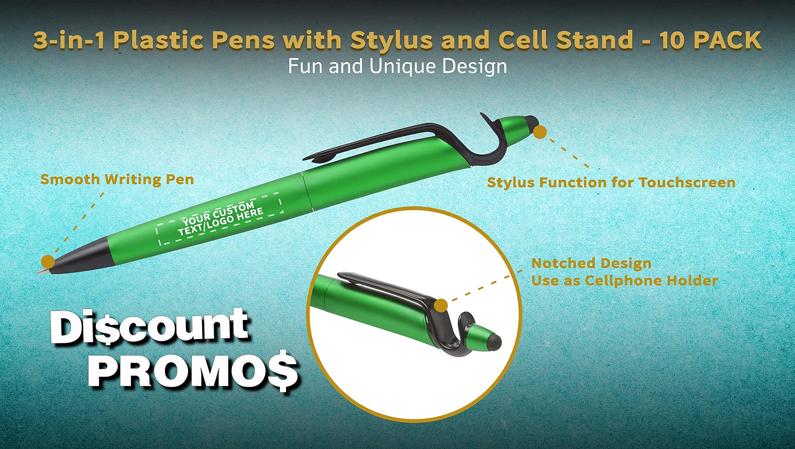 10-Pack 3-in-1 Multi-Function Plastic Pens with Stylus Tip & Phone Stand - Custom Text/Logo Printing - Ballpoint Black Ink (Green) - Perfect for Office, School & Business Promotions