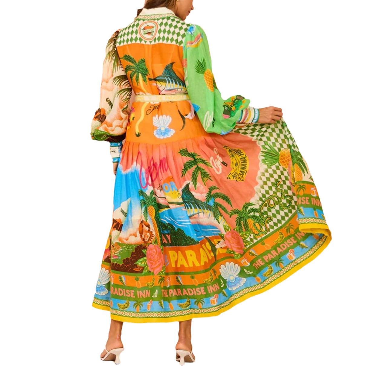 Women's Casual Loose Maxi Dress - Trendy Color Block Long Sleeve Shirt Dress Flowing Hawaiian Beach Dress for Summer Vacation, Party & Outdoor Activities