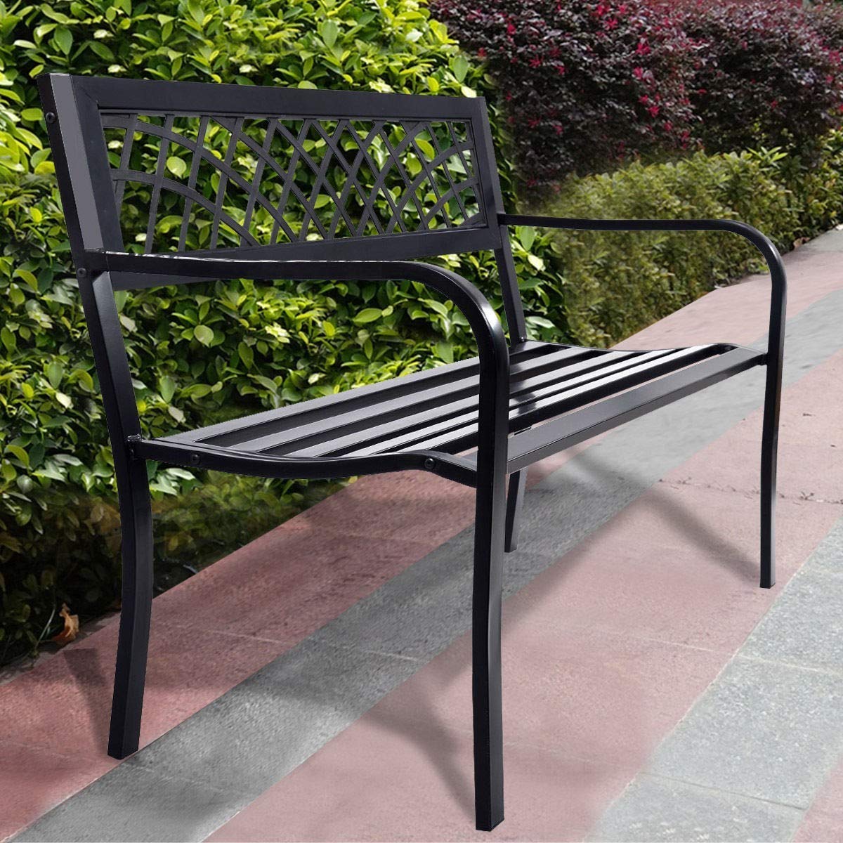 Sturdy Steel Frame Patio Garden Bench - Outdoor Deck & Front Porch Metal Bench - Wrought Iron Patio Furniture for Gardens, Decks & Outdoor Spaces