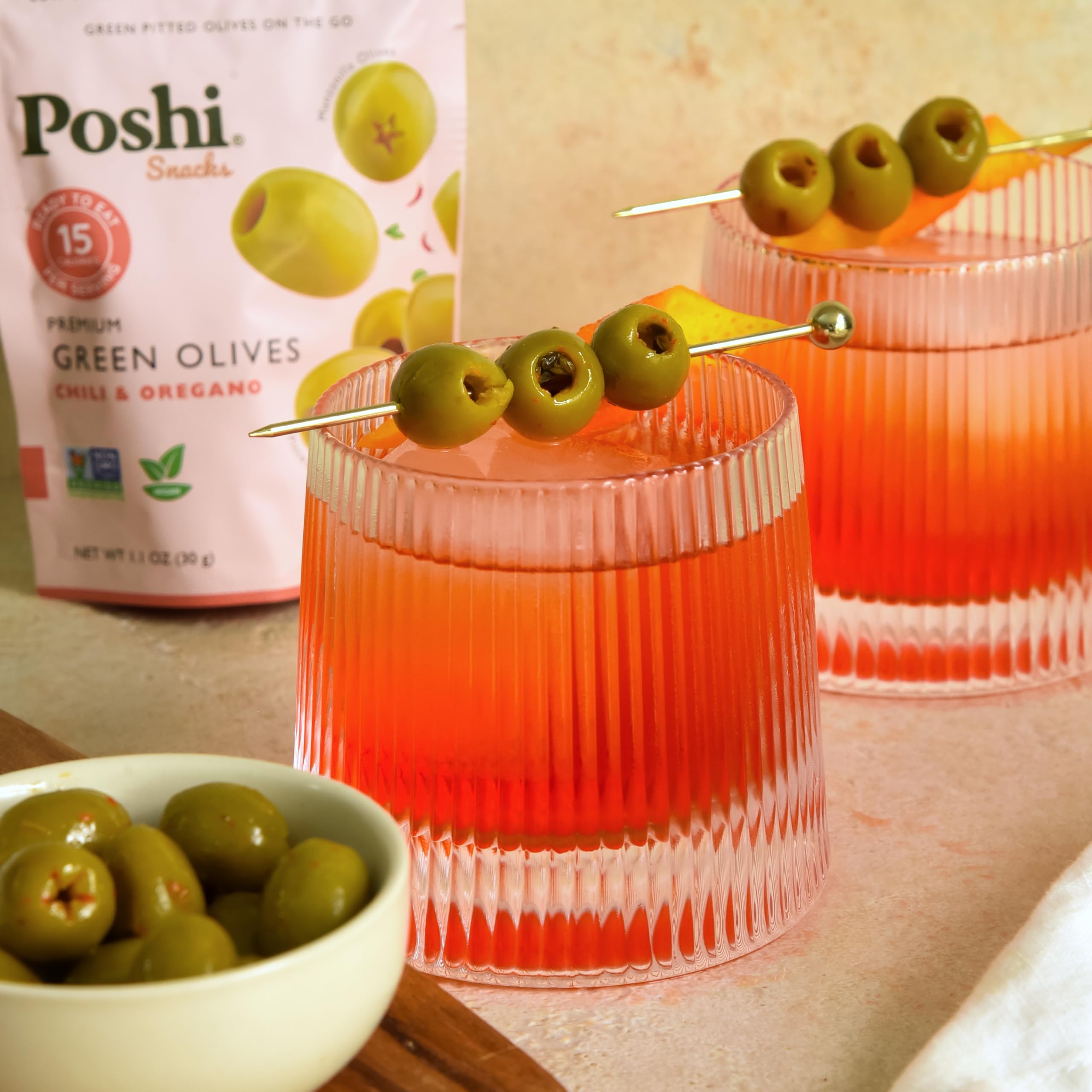 Poshi Green Pitted Olives with Chili & Oregano | Vegan, Kosher, Gluten-Free, Keto-Friendly Snacks | All Natural, Low-Calorie Healthy Snack (30 Pack, 1.1oz Bags) | Perfect for On-the-Go, Lunch Boxes & Party Platters