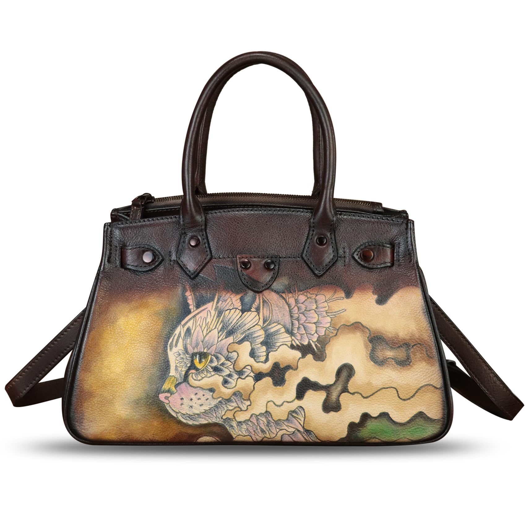 Handmade Genuine Leather Satchel for Women - Hand Painted Top Handle Crossbody Purse & Work Tote Bag - Perfect for Office, Travel & Everyday Use