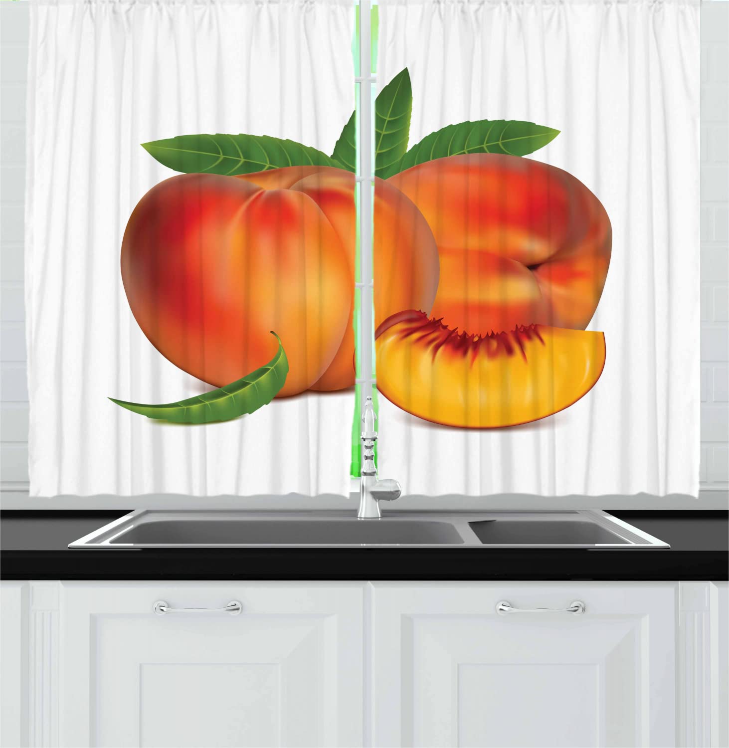 Ambesonne Peach Kitchen Curtains - Digital Cartoon Fruit Slice Design with Leaves, 2 Panel Set for Window Drapes, 55