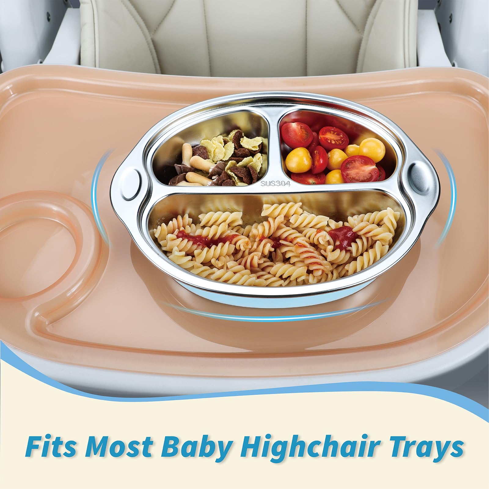 MR. CHOU Stainless Steel Baby Suction Plates - 3 Divided Toddler Plates for Baby Led Weaning | 100% Food Grade, BPA Free, Dishwasher Safe | Non-Slip Suction Base for High Chair & Travel | Perfect for Home, Daycare & On-the-Go Feeding (Blue)