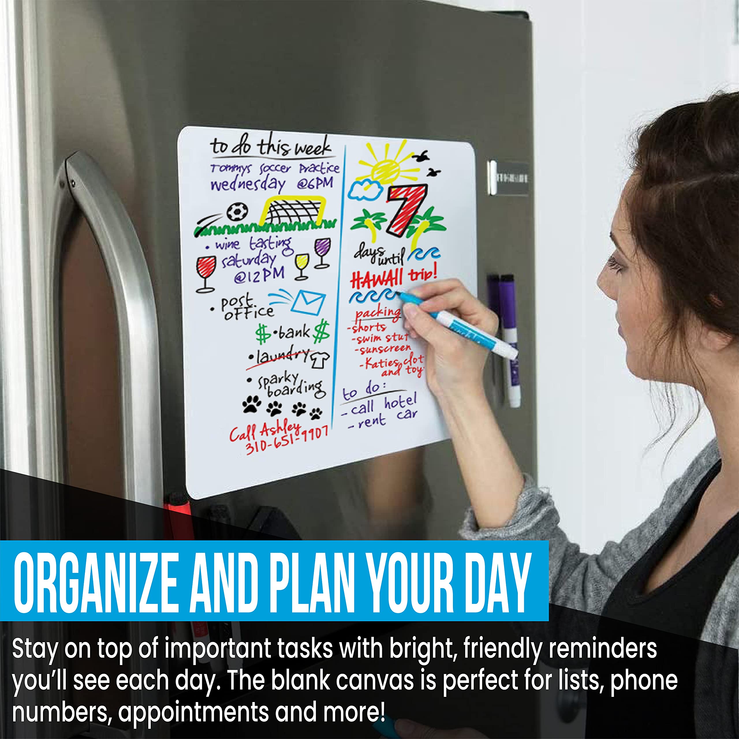 Magnetic Dry Erase Whiteboard Sheet for Refrigerator - 16x11 Stain Resistant Kitchen Whiteboard with 4 Markers & Eraser - Perfect for Grocery Lists, Meal Planning & Family Messages