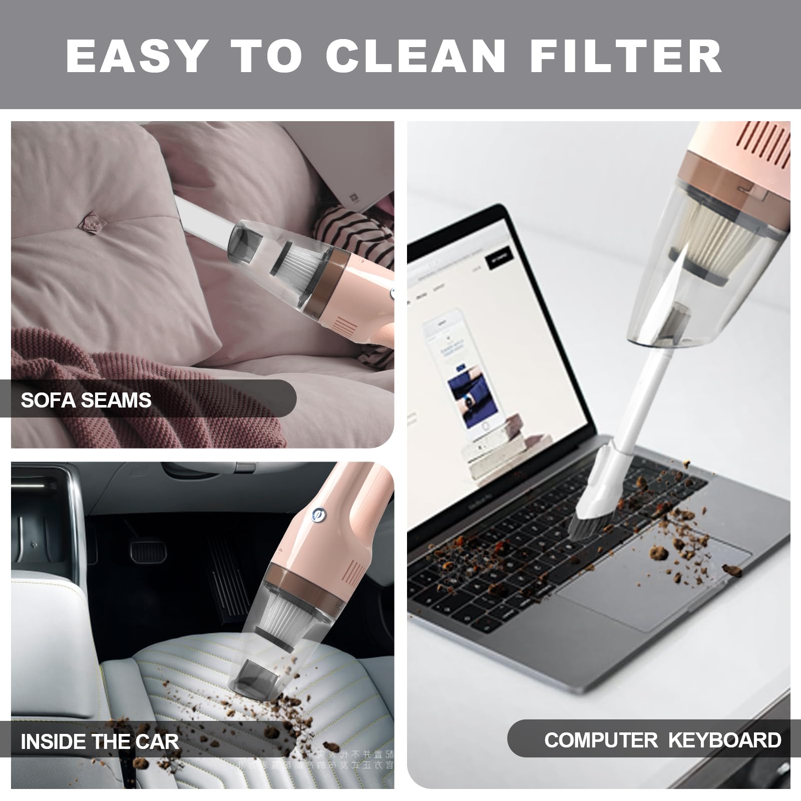 **Pink Cordless Handheld Vacuum Cleaner - Portable USB Rechargeable for Dust, Pet Hair, Dirt - Home, Car, Boat & Furniture Cleaning - Lightweight & Easy to Use**    *(Use Cases: Perfect for quick cleanups on carpets, car seats, sofas, pet beds, and tight spaces like boats or RVs.)*
