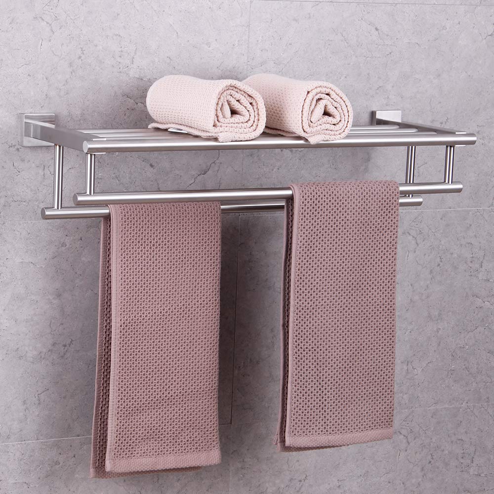 GERZWY 24-Inch Stainless Steel Bathroom Towel Rack with Double Bars - Wall Mounted Shelf Holder for Bath Towels & Hand Towels - Brushed SUS 304 Finish (AG1602B-LS) - Perfect for Modern Bathrooms, Spas & Powder Rooms