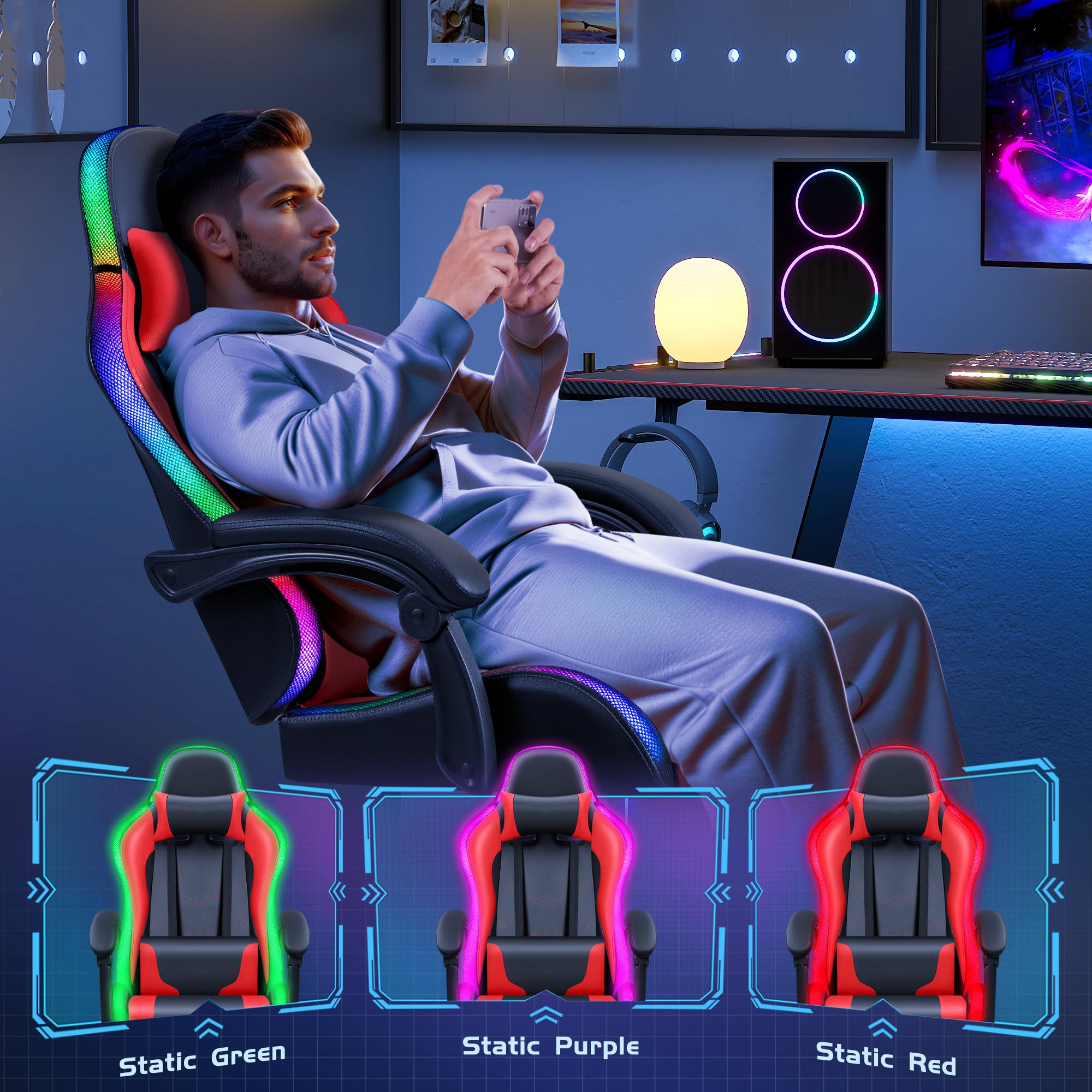 Furmax RGB LED Gaming Chair with Footrest & Massage Lumbar Support - High Back Reclining Computer Office Chair with Headrest & Swivel Seat - Ergonomic Video Game Chair for PC & Console Gaming (Red LED Lights) - Perfect for Esports, Streaming & Home Office Setup