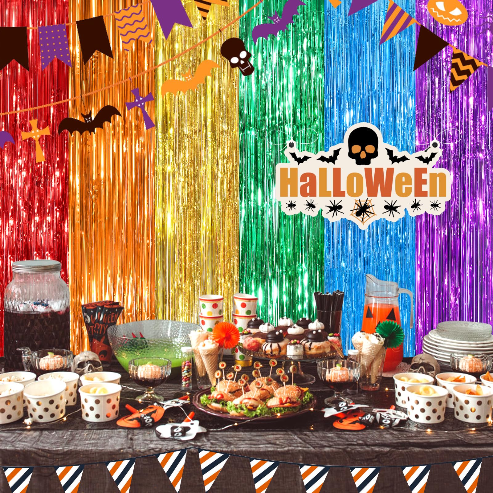 Rainbow Metallic Tinsel Foil Fringe Curtains Backdrop - 2 Pack (3.3x8.3Ft) | Party Streamers for Birthday, Halloween, Christmas Decorations | Foil Curtain Backdrop for Bachelorette, Bridal Party, Baby Shower & Photo Booth Background