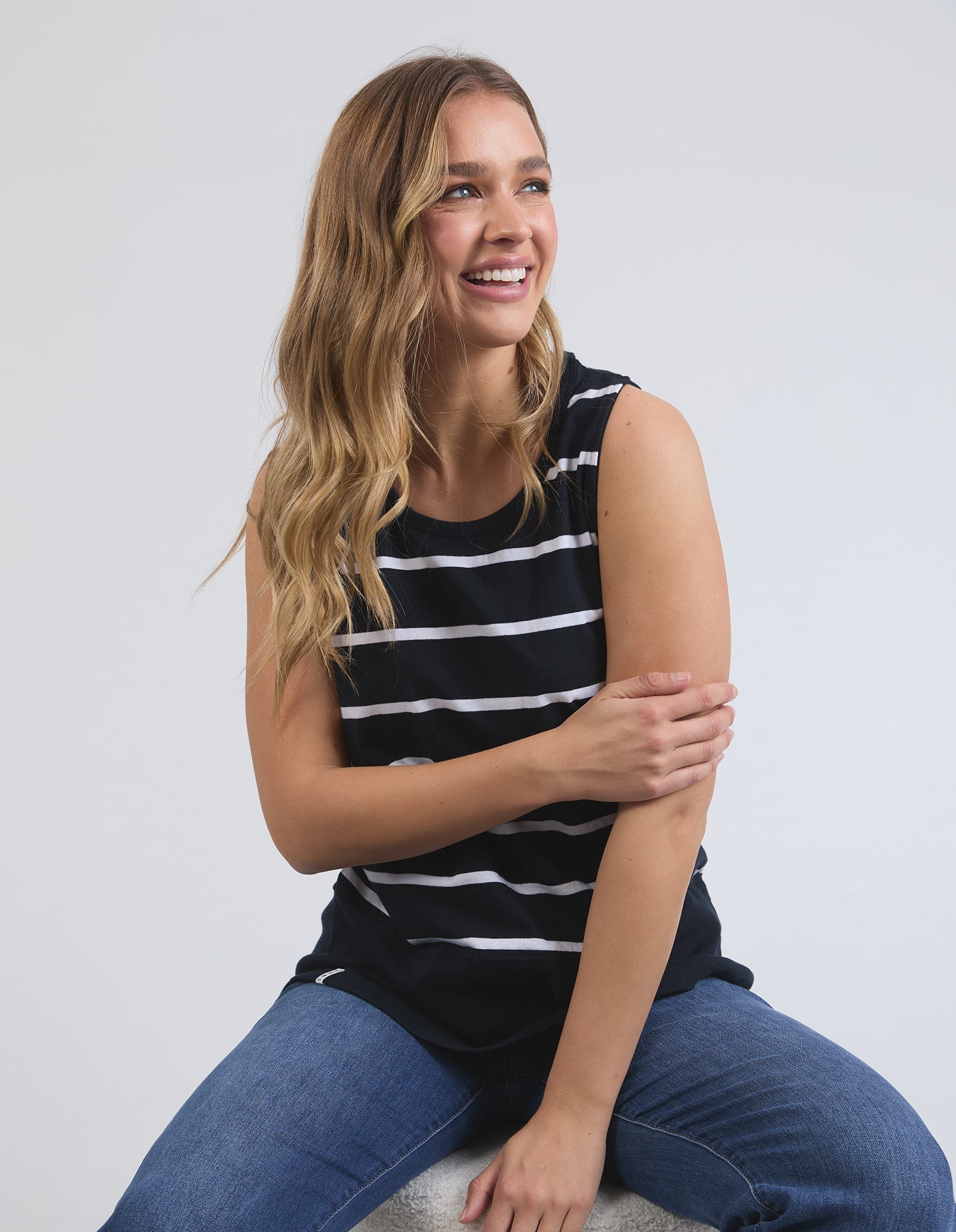 Elm Rib Tank Top for Women - Navy Blue with White Stripe - Casual Summer T-Shirt for Streetwear, Beach, and Everyday Outfits