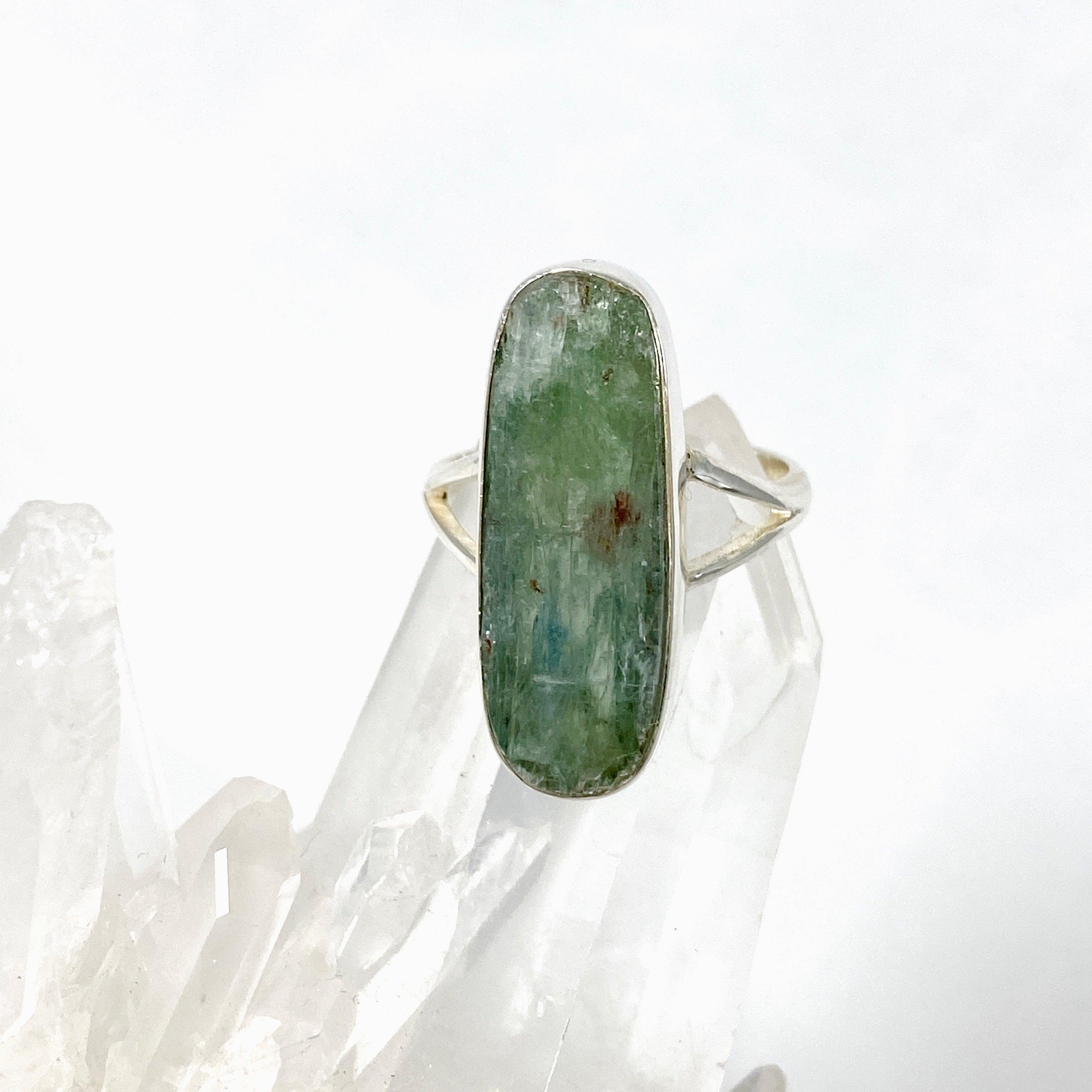 Natural Green Kyanite Oval Ring - Size 8 Sterling Silver Jewelry KRGJ2710 for Meditation & Energy Healing