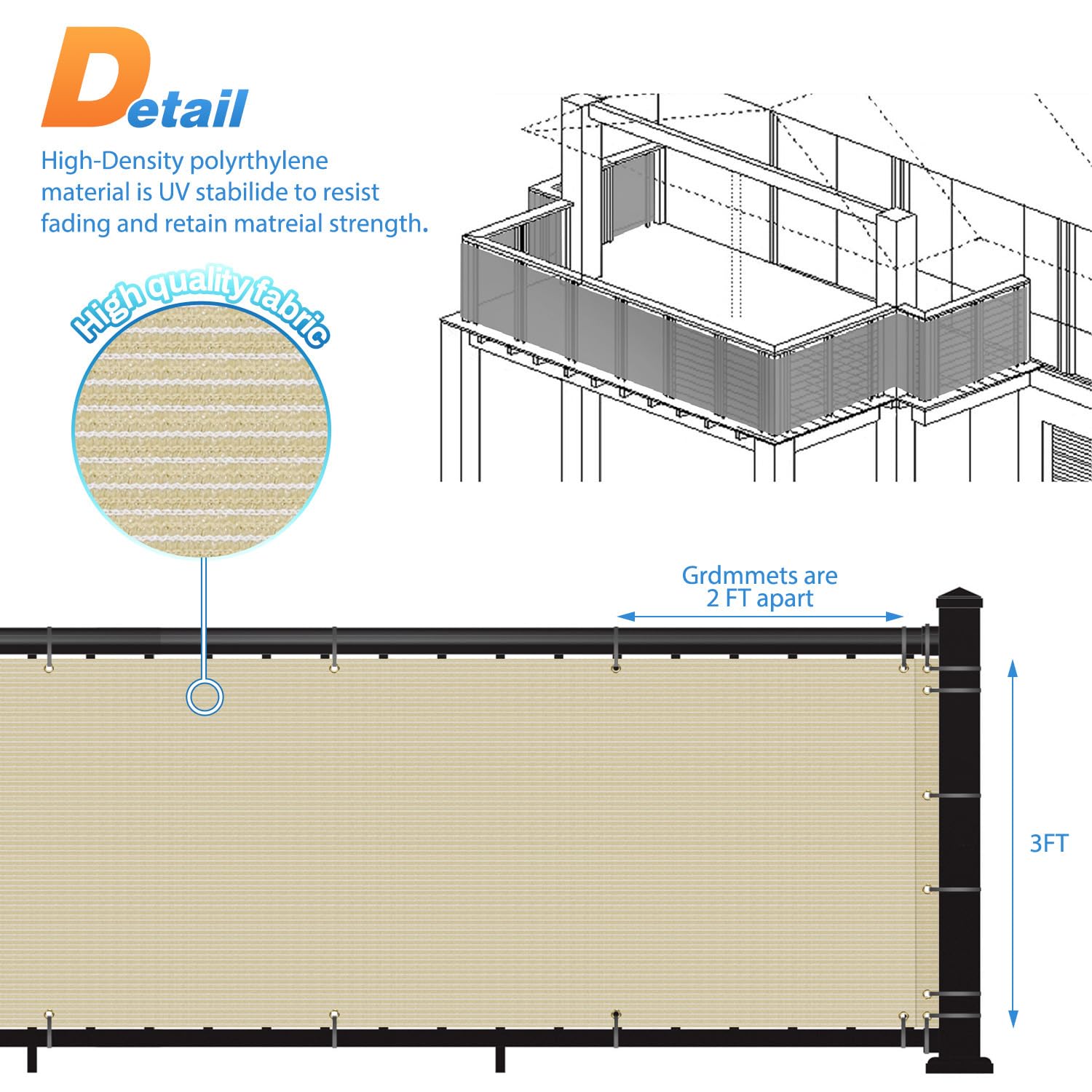 TANG 3' x 158' Beige Balcony Privacy Screen Fence - 200GSM Weather-Resistant Outdoor Deck Fence for Patio, Apartment, Porch & Backyard | UV Protection & Easy Installation | Perfect for Creating Private Outdoor Spaces