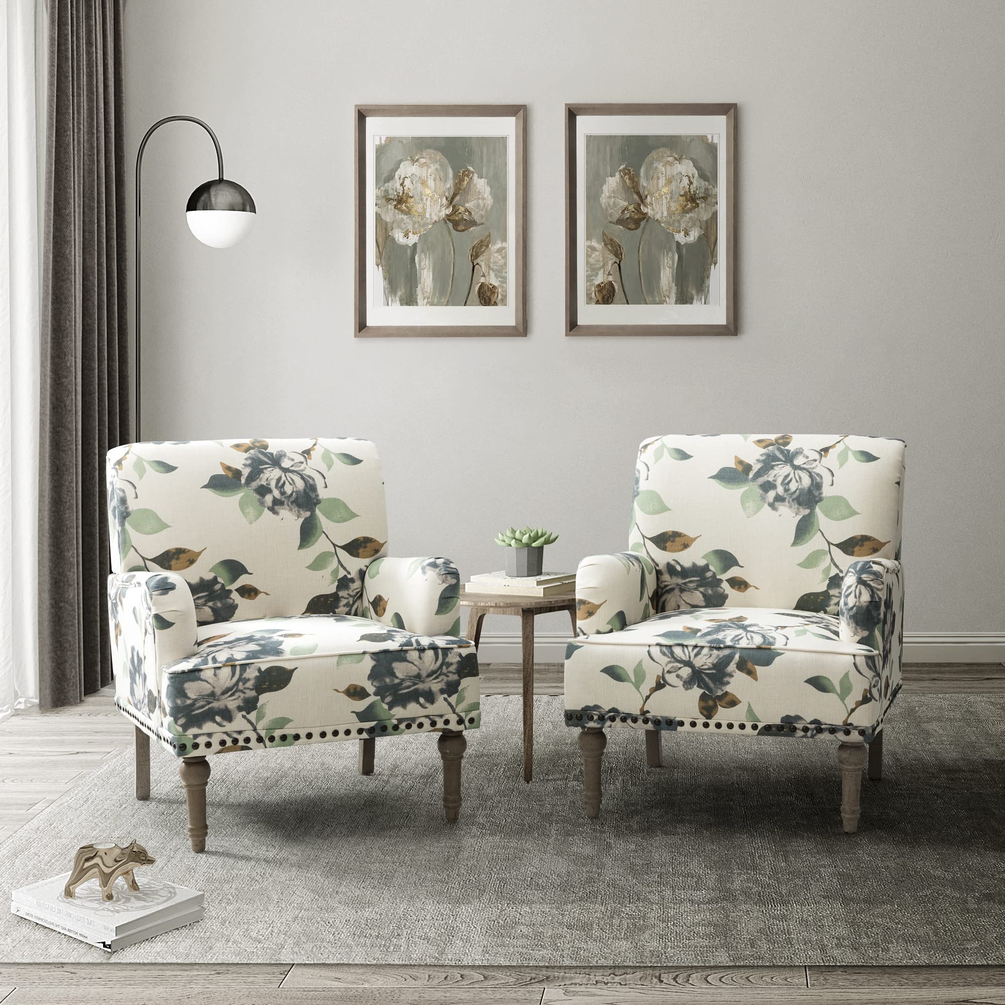 HULALA HOME Modern Armchairs Set of 2 - Wooden Legs & Nailhead Trim Upholstered Accent Chairs, Floral Pattern Living Room Bedroom Furniture for Home Decor (Harbor) - Perfect for Reading Nook, Lounge Area or Guest Seating