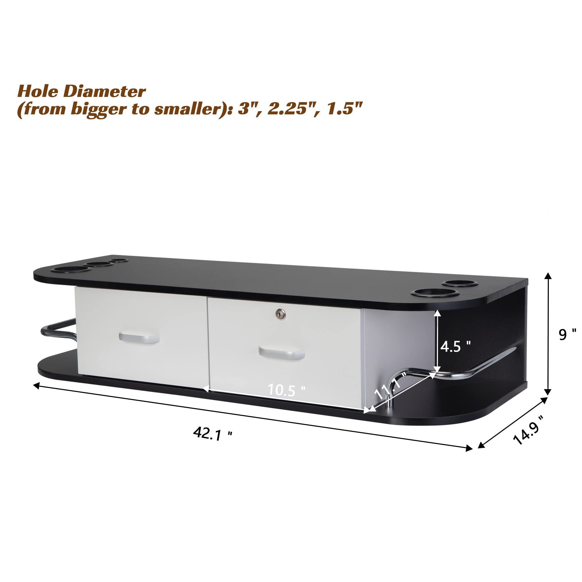Wall Mounted Beauty Station with 2 Drawers & 5 Tool Holders - Bathroom Vanity Organizer for Salon & Home Use - Black and White Makeup Dressing Table with Side Cubby - Perfect for Small Spaces, Salons & Bedrooms