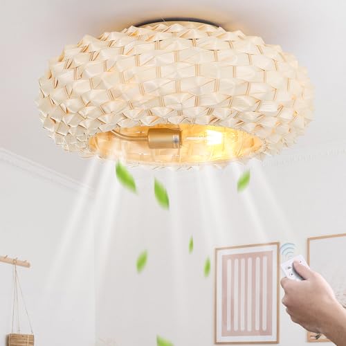 20 Inch Gold Rattan Flush Mount Ceiling Fan With Light