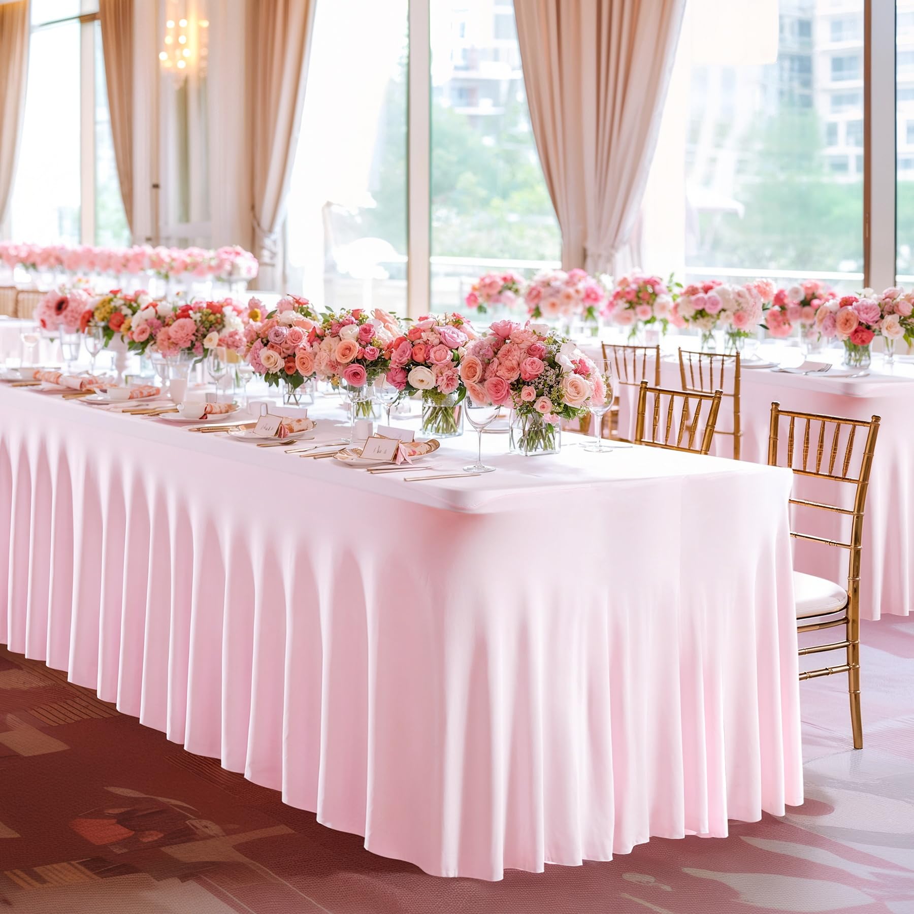 Pink Spandex Table Skirt for 4ft Rectangle Folding Tables - Stretchable Table Cover with Elastic Hem for Banquets, Weddings & Party Decorations