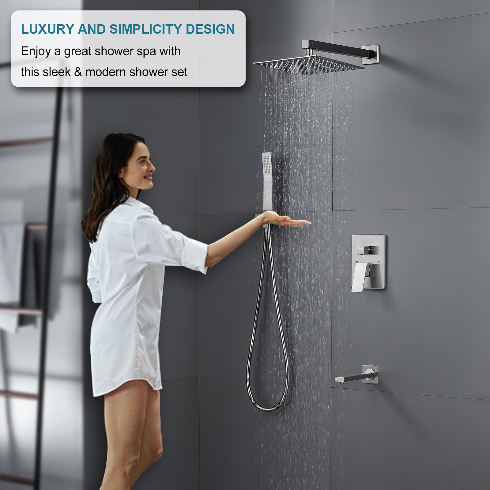 ROVATE 10 Inch Brushed Nickel Shower Faucet Set - 3-Function Bathroom Shower System with High Pressure Rainfall Shower Head, Handheld Spray & Tub Spout - Perfect for Modern Bathroom Renovations & Spa-Like Shower Experience