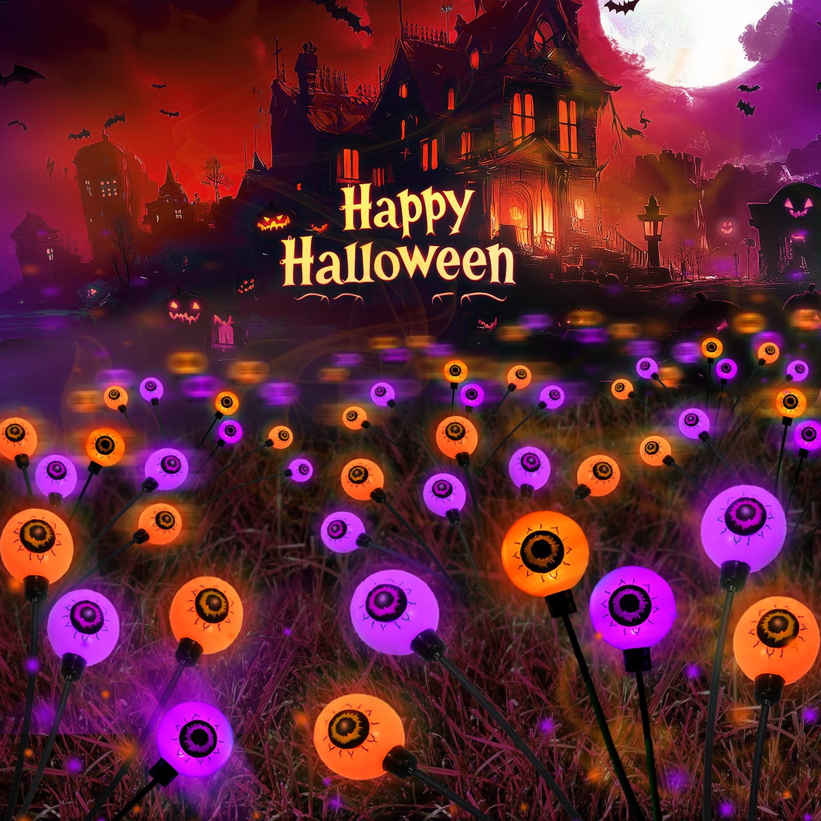 6-Pack Solar Halloween Eyeball Lights Outdoor - Purple & Orange Waterproof Garden Lights, Wind-Swaying Firefly Fairy Lights for Pathway, Yard, Garden - Perfect for Halloween, Christmas, and Party Decorations