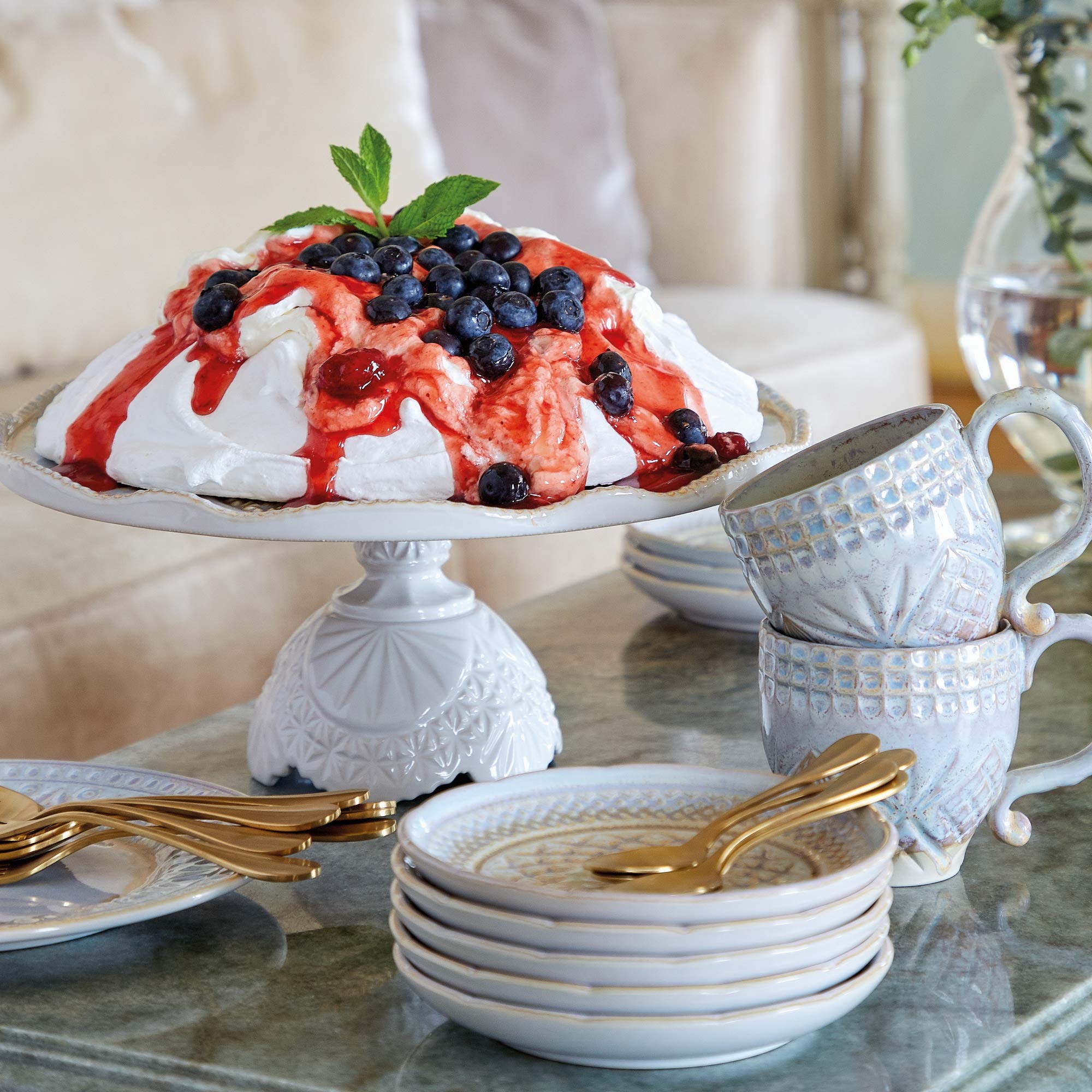 Costa Nova 12-Inch Footed Plate - Crystal Collection, Pearl Finish | Microwave & Dishwasher Safe Dinnerware Set | Food Safe Glazed Ceramic | Premium Restaurant Quality Serveware for Dining, Entertaining & Special Occasions