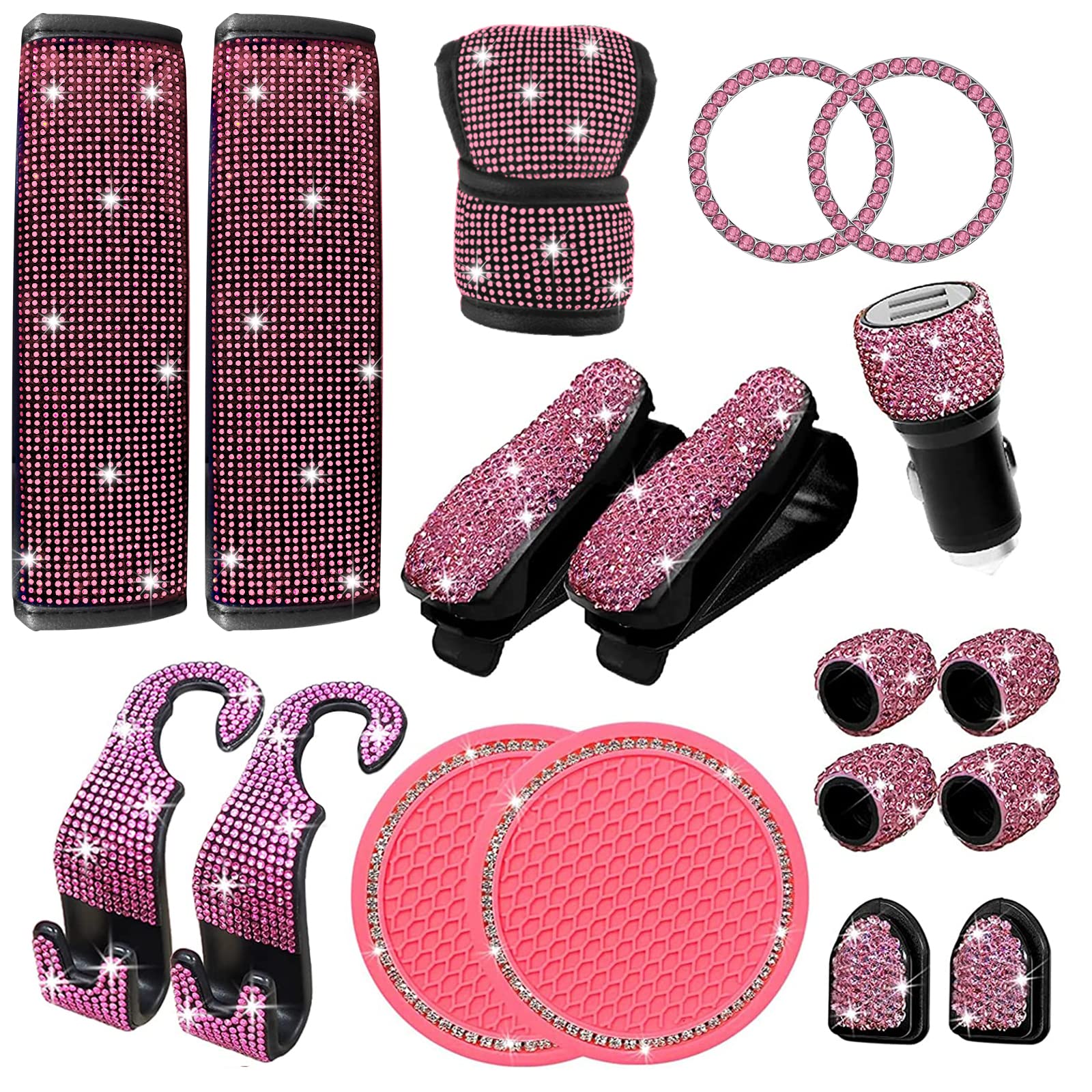 18-Piece Rhinestone Car Accessories Set - Sparkling Seat Belt Covers, Handbrake Cover, Dual USB Charger, Gear Shift Cover, Coasters & Glasses Holder - Pink Crystal Decor for Women's Car Interior Upgrade (Perfect for Gifts, Commuting & Road Trips)