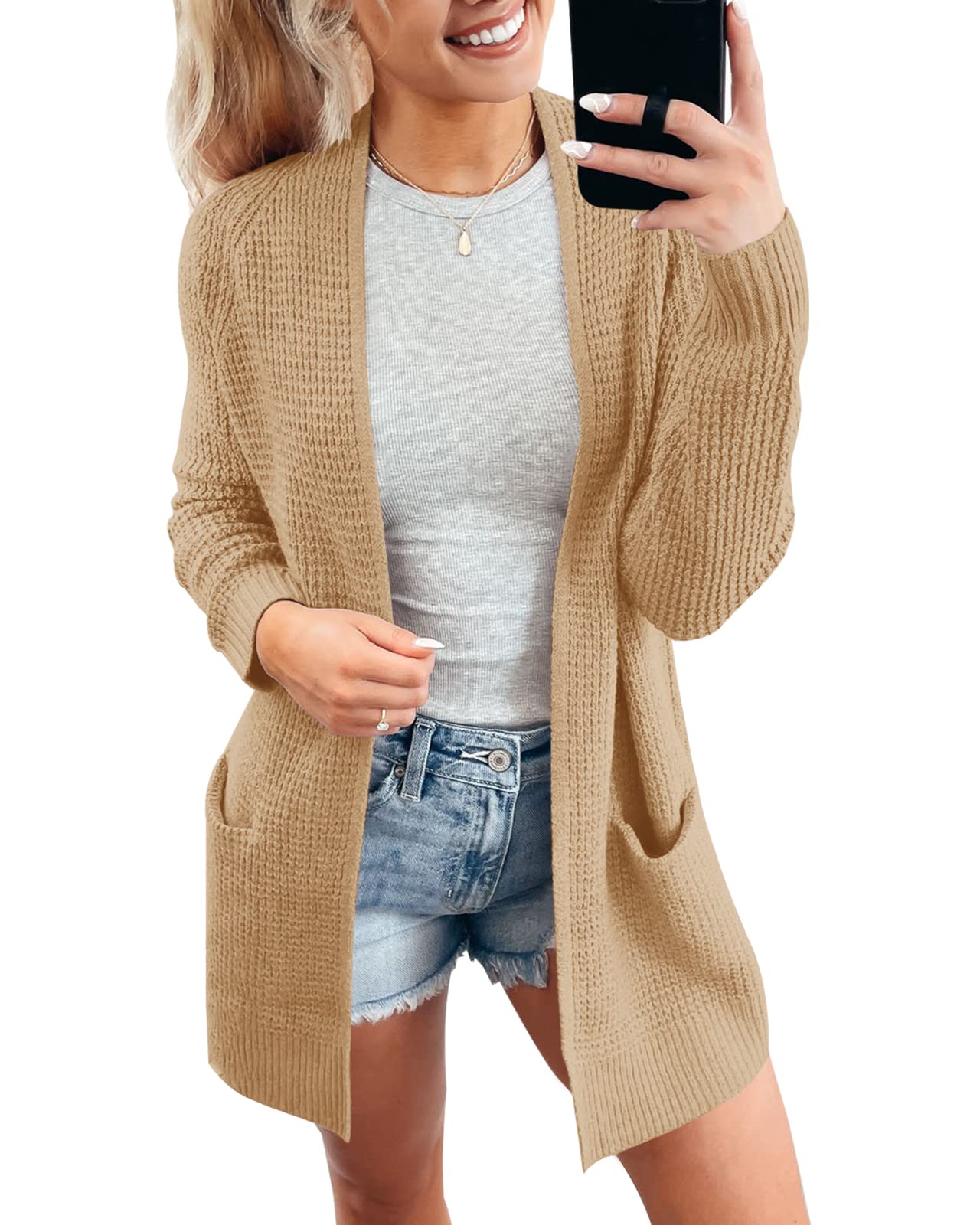 Tutorutor Women's Waffle Knit Cardigan Sweater - Open Front Long Coat with Pockets & Side Slits | Casual Loungewear, Office Wear & Fall Layering Essential