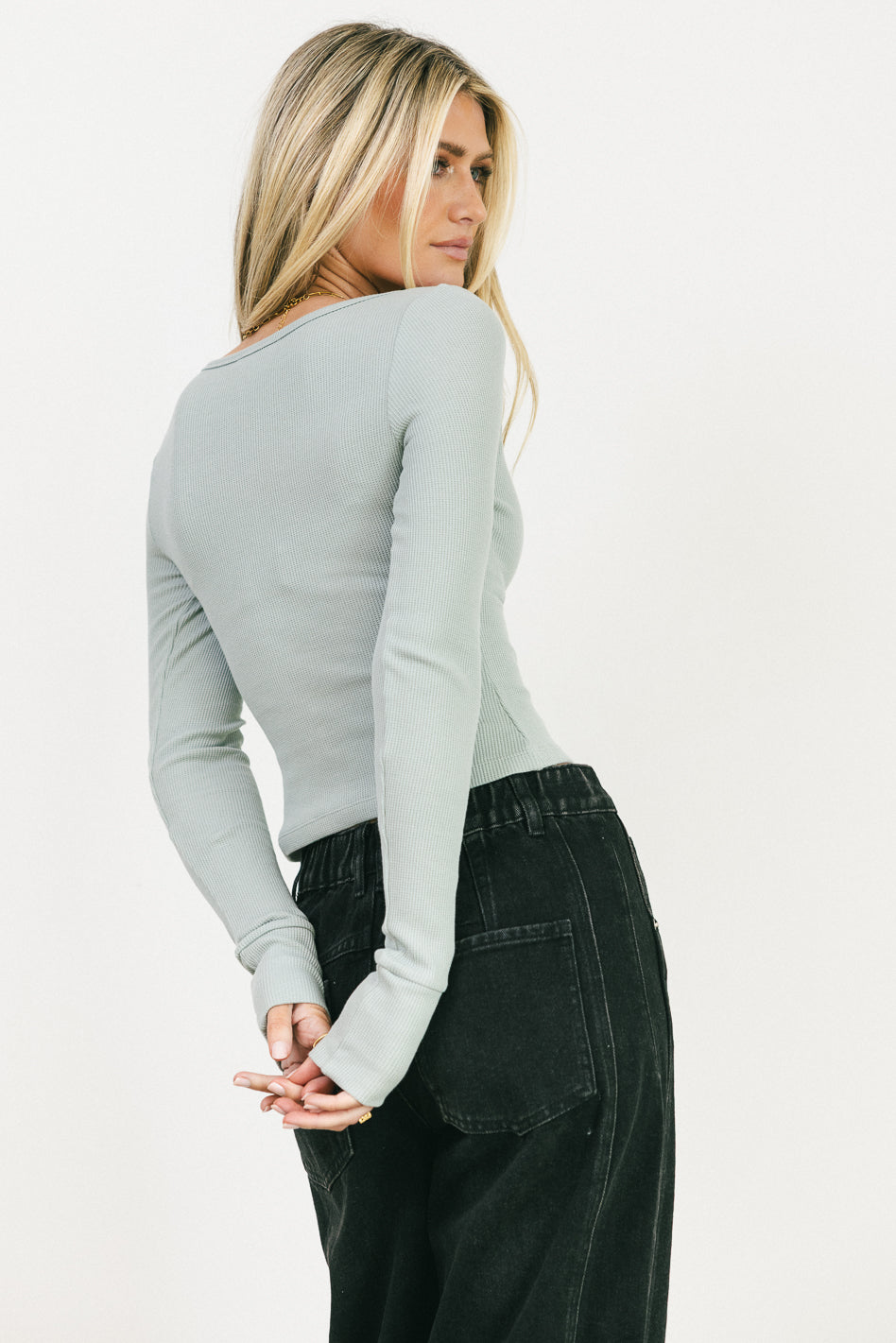 Abigail Waffle Knit Top in Baby Blue | Women's Casual Loose Fit Sweater | Perfect for Fall Layering & Cozy Winter Outfits