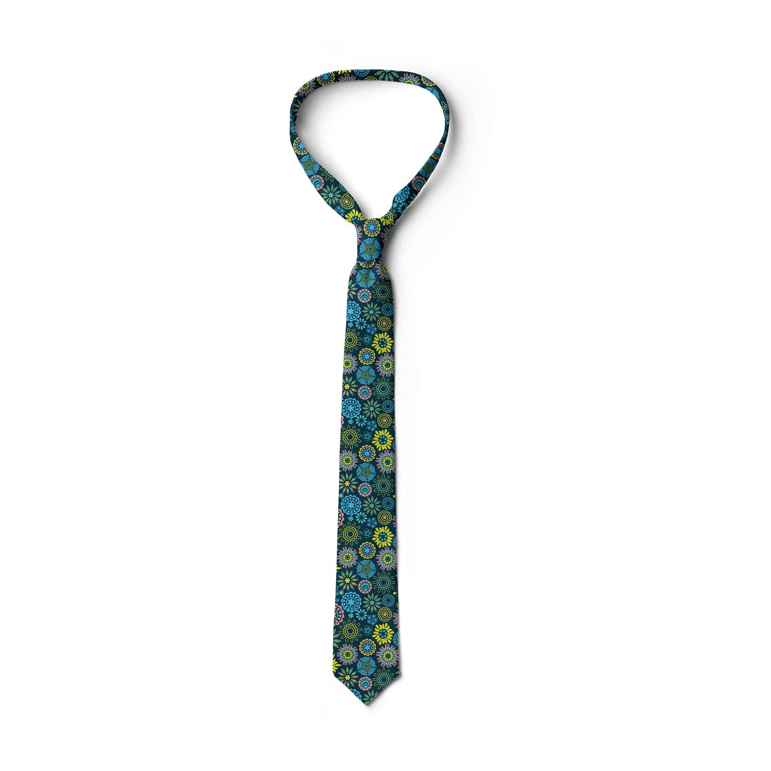 Ambesonne Men's Silk Tie - Elegant Floral Pattern on Dark Teal, 3.7 Inch Wide, Premium Necktie for Business, Wedding & Formal Occasions