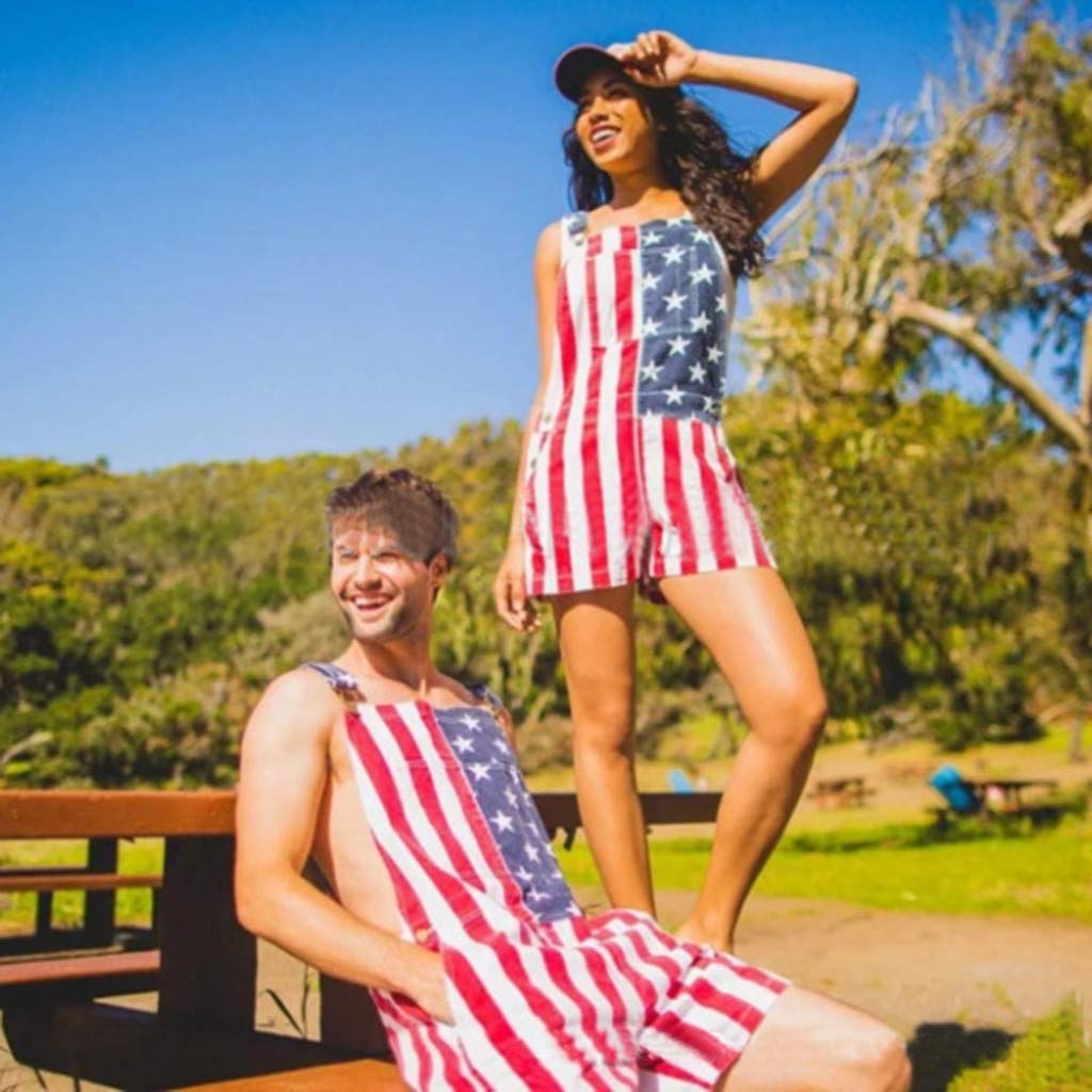 American Flag Denim Overalls - Adjustable Bib Shorts Romper for Men & Women | Casual Summer Outfit, Workwear & Patriotic Style