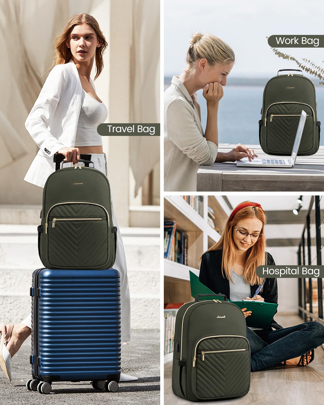 LOVEVOOK Women's 17-inch Laptop Backpack - Stylish Army Green Travel Computer Bag for College, School, and Outdoor Adventures, Perfect for Work, Study, and Daily Commute