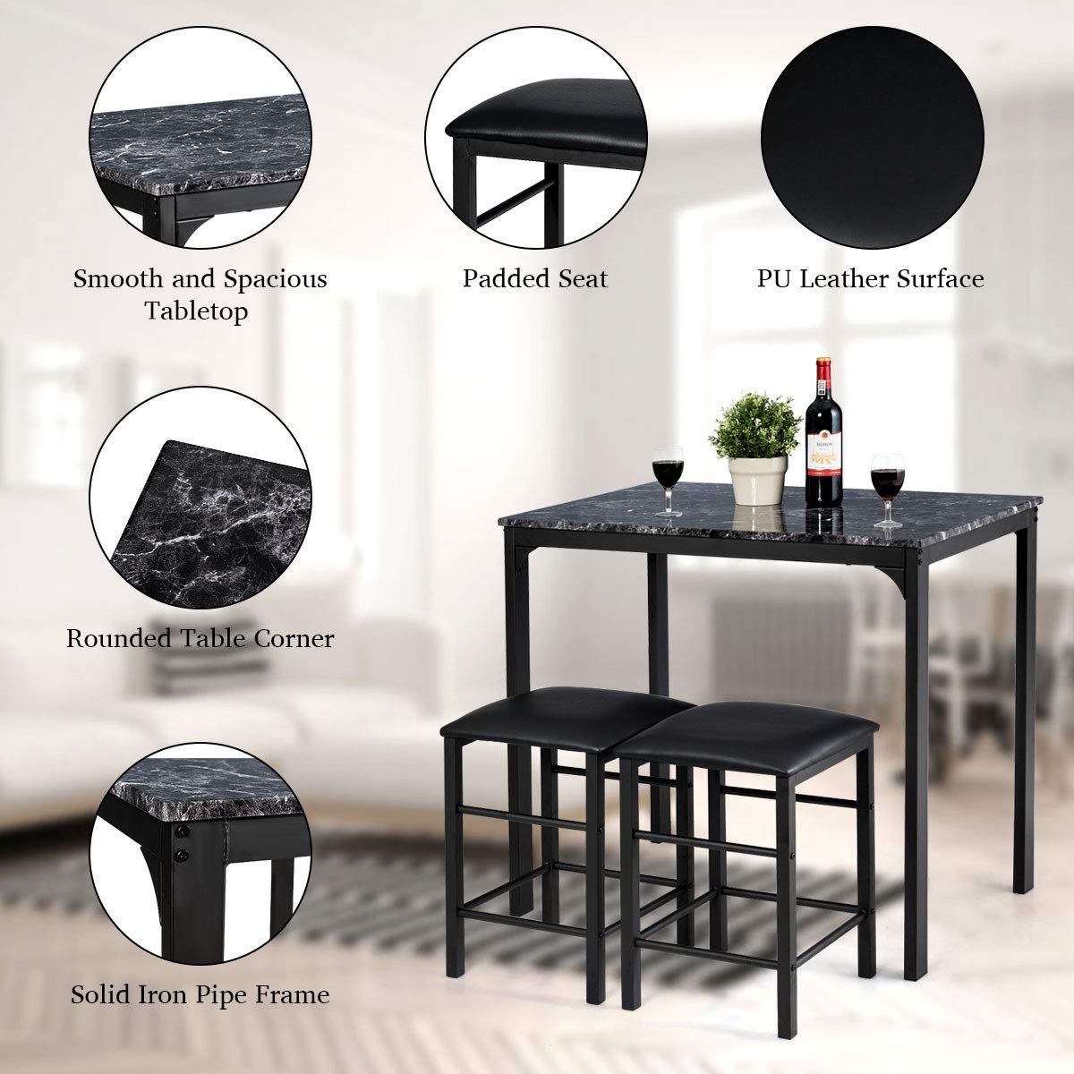 ReunionG 3-Piece Modern Dining Table Set with Marble Tabletop & Metal Frame - Black Kitchen & Dining Room Furniture for Breakfast Nook, Bar, Small Spaces & Apartments