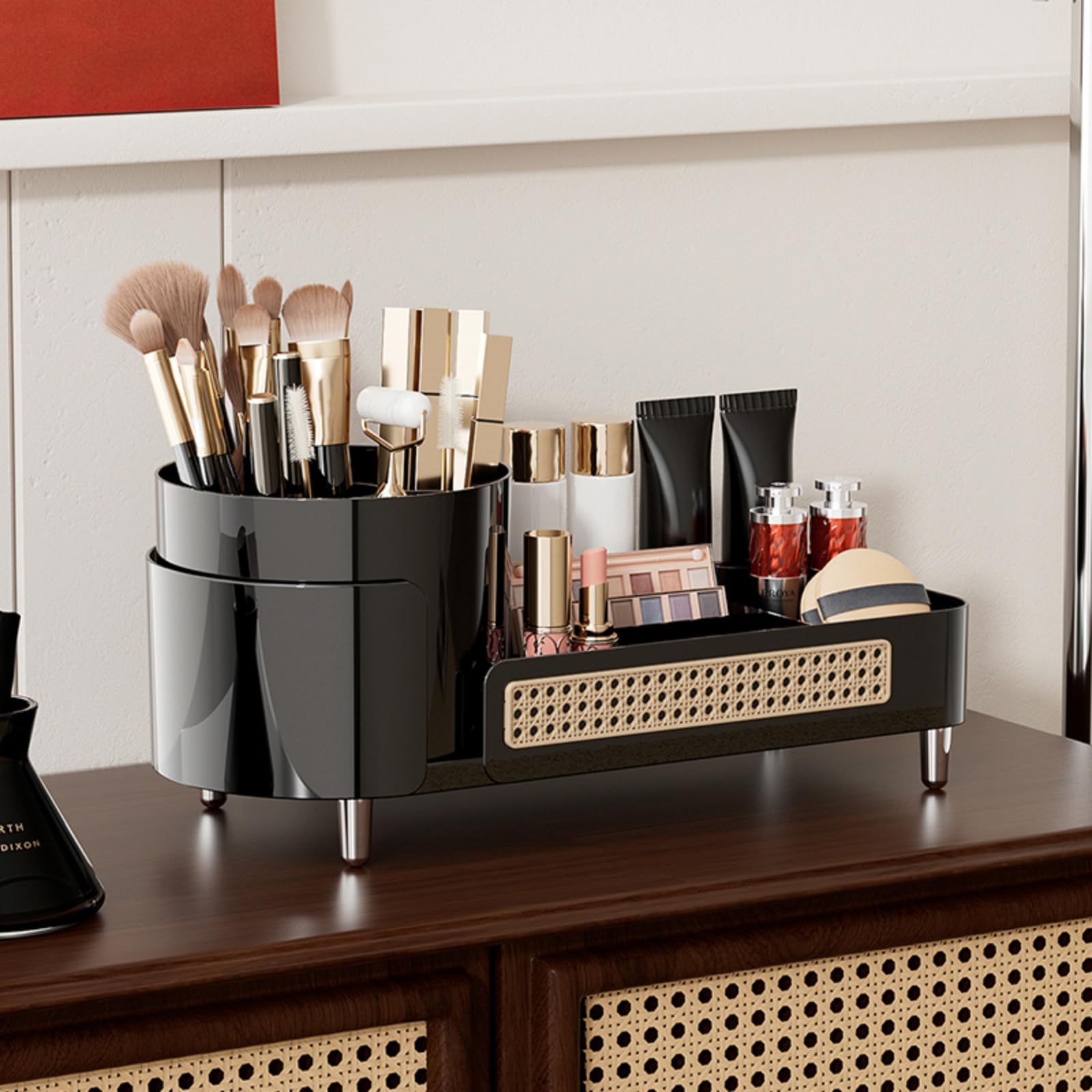 Rotating Makeup Organizer with Large Capacity - 2-in-1 Cosmetic Storage for Vanity & Bathroom | Black Makeup Display Case for Countertop - Perfect for Organizing Lipsticks, Brushes & Skincare Products