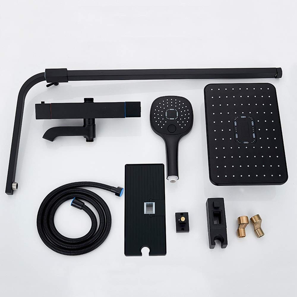 20cm Thermostatic Shower System with 5 Spray Modes - Black Brass Shower Faucet Set with Lift Rack - Rustproof Bathroom Fixture for Modern Home & Spa Experience
