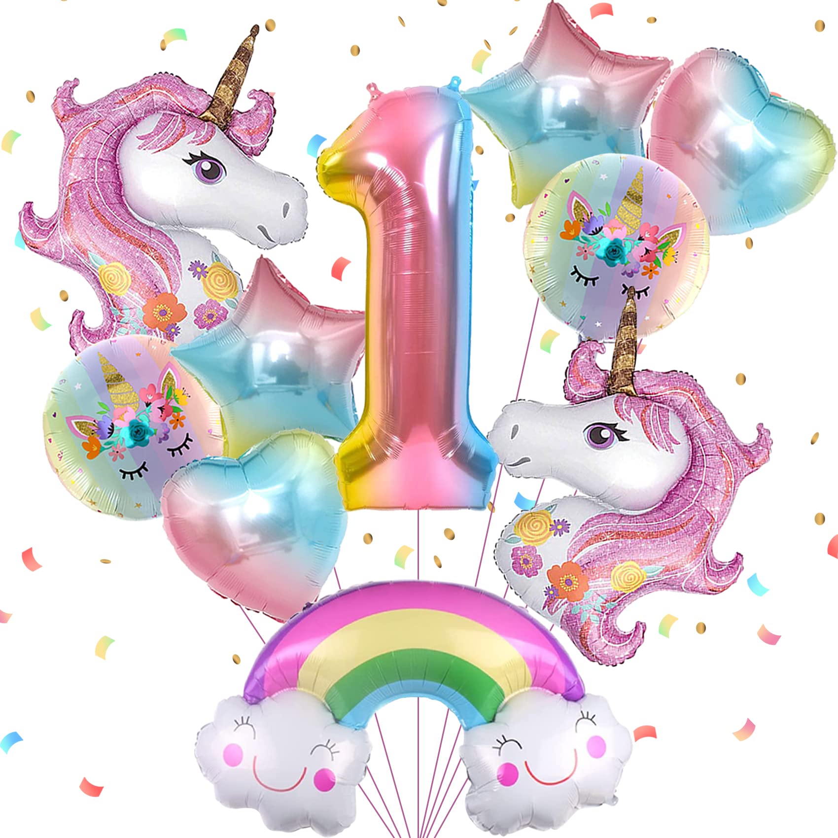 JOYYPOP Unicorn Birthday Decorations for Girls - 10pcs Unicorn Balloons Set with Rainbow, Heart, Star & Number 1 Foil Balloons | Perfect for 1st Birthday Party, Baby Shower, Unicorn Themed Party & Girls Room Decor