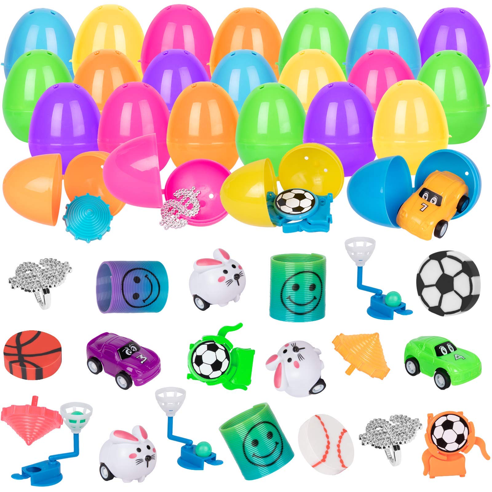Decorlife 24PCS Prefilled Easter Eggs with Toys Inside - 2.5 Inch Easter Eggs for Kids Including Mini Cars, Coil Springs, Spinning Tops & 8 Different Fillers - Perfect for Easter Egg Hunts, Party Favors & Kids' Gift Baskets