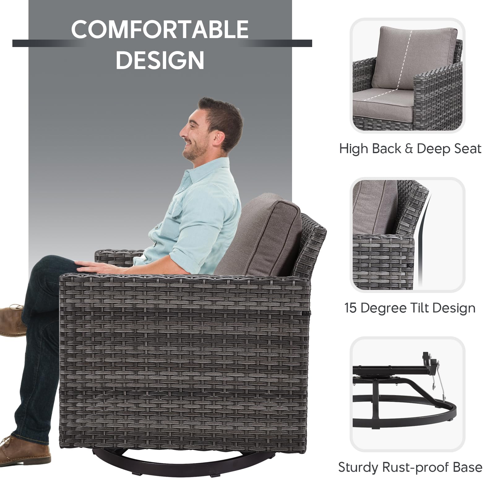 Heavy Duty Wicker Swivel Rocking Chairs Set of 2 - 350LBS Max Load Outdoor Patio Furniture for Porch, Balcony, Deck & Poolside - Grey/Grey - Perfect for Relaxing, Entertaining & Outdoor Lounging