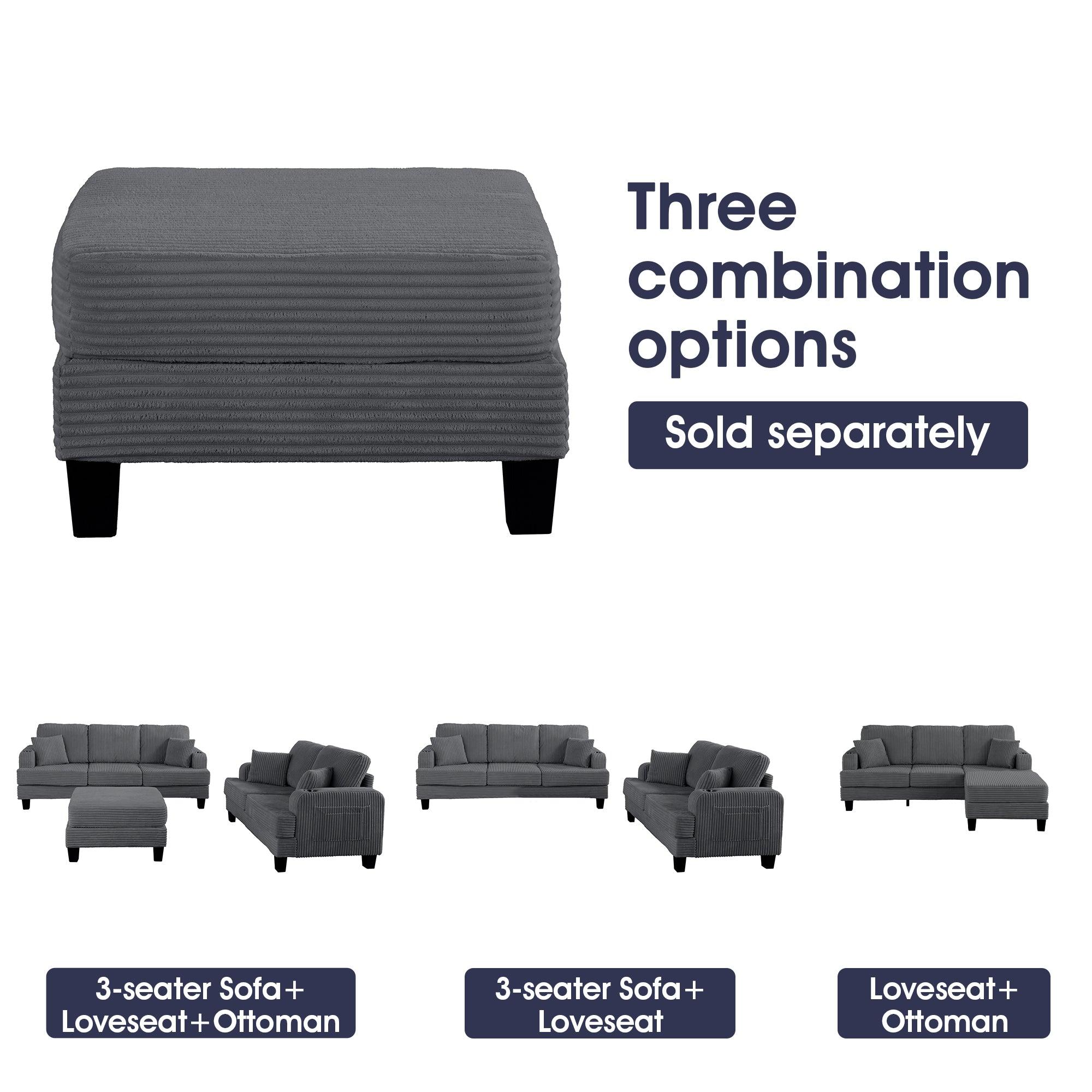 Dark Gray 3-Piece Sectional Sofa Set with Storage Ottoman - 3-Seater Couch & Loveseat with USB Charging Ports, Side Pockets & Throw Pillows - Modern Living Room Furniture for Small Spaces & Apartments - Perfect for Family Gatherings, Movie Nights & Home Office Lounging