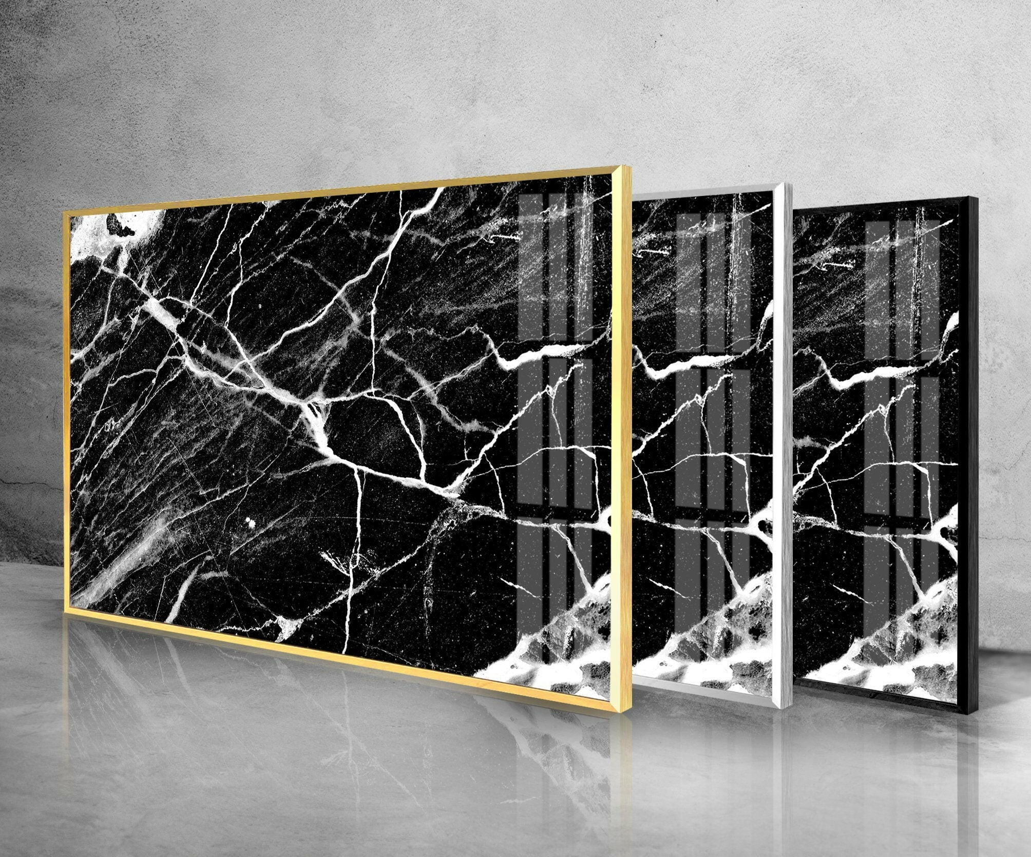 Modern Black and White Marble Abstract Glass Wall Art - Elegant Home Decor for Living Room, Bedroom & Office