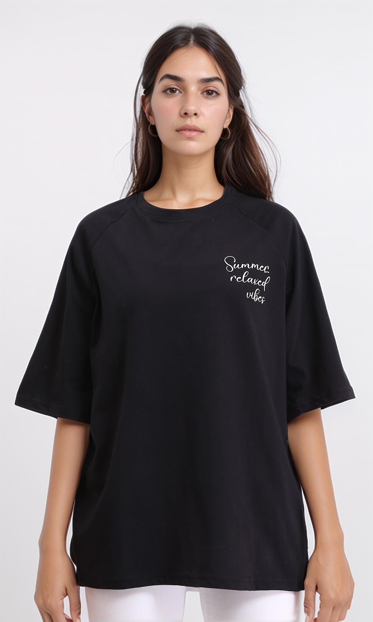 R208519 Printed Relaxed Long Sleeve T-Shirt for Women - Soft Cotton Casual Tee - Black - Perfect for Everyday Wear & Lounge Outfits