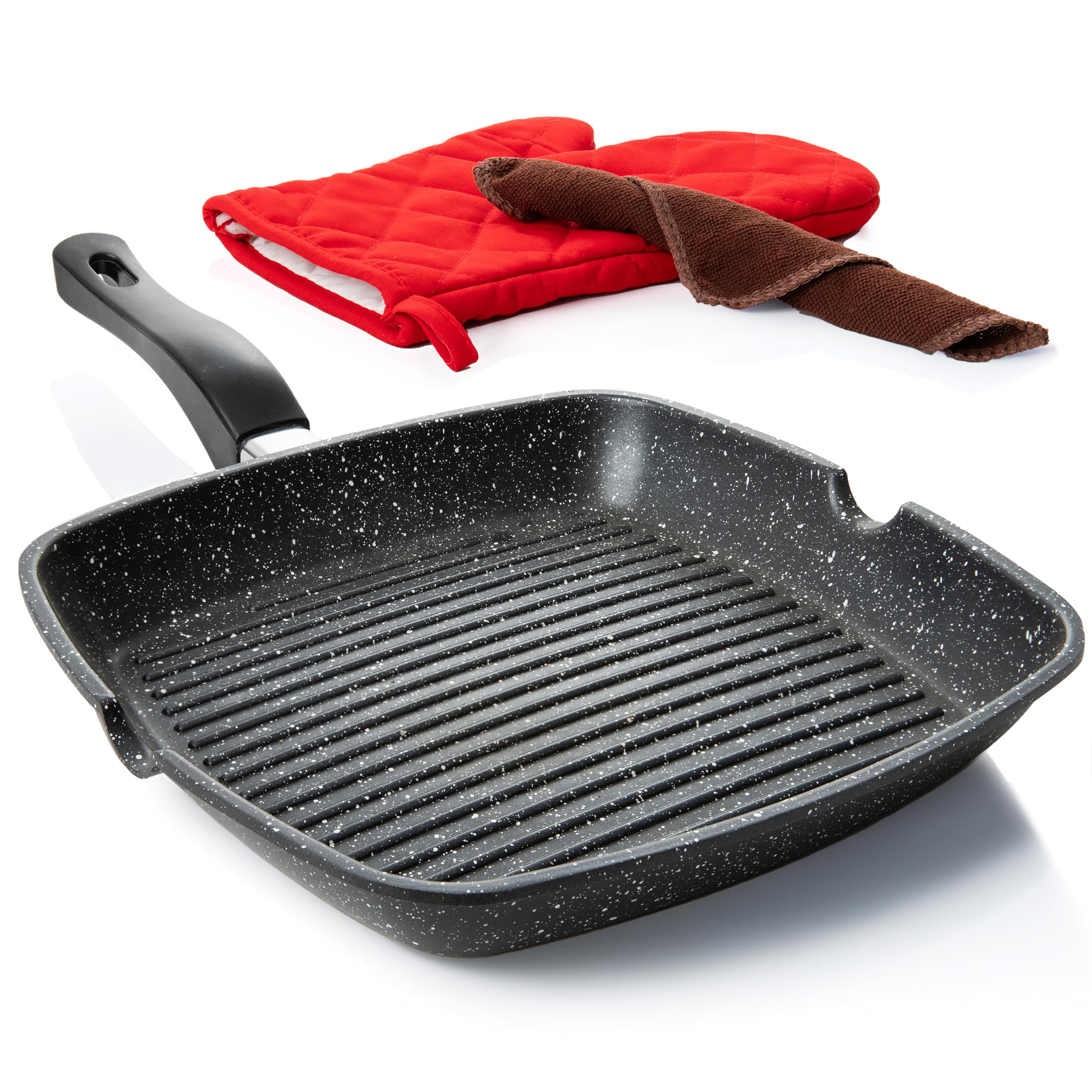 11 Inch Moss & Stone Aluminum Nonstick Grill Pan for Stove Tops - PFOA Free Square Griddle with Pour Spouts, Large Cooking Surface for Indoor & Outdoor Grilling - Perfect for Pancakes, Burgers, Steaks and Camping Cookouts
