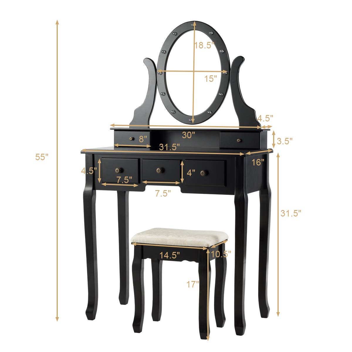 GOFLAME 360° Rotating Oval Makeup Mirror Vanity Set with LED Lights - Dressing Table & Cushioned Stool, 5 Sliding Drawers, Detachable Top - Perfect for Bedroom, Dressing Room, Home Decor (Black) | Ideal for Makeup Application, Skincare Routine & Home Organization